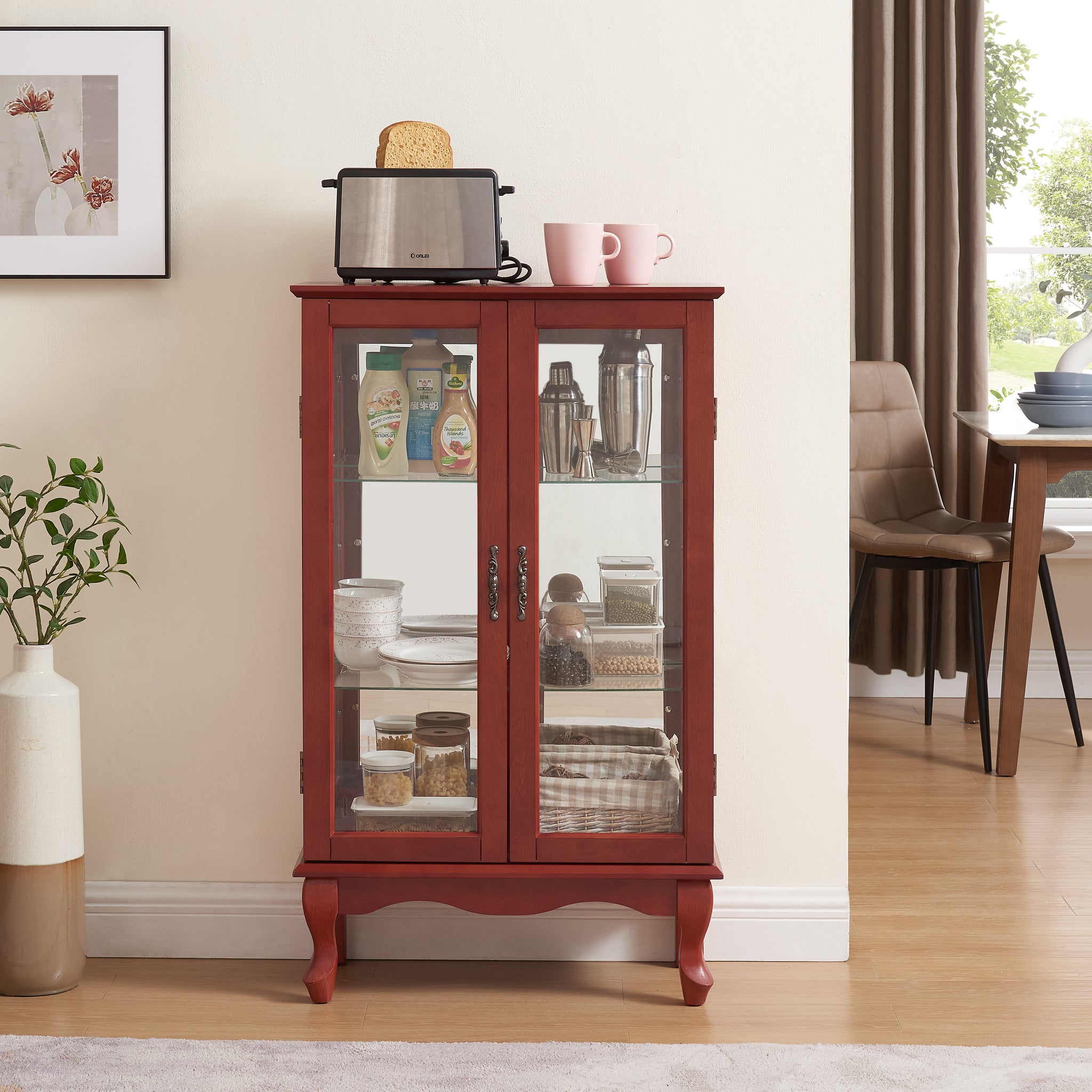 2 Doors Curio Cabinet With Tempered Glass Doors, Curio Cabinets With Mirrored Back Panel And Adjustable Shelves, Lighted Display Cabinet For Home, Office Light Bulb Included Cherry Cherry Mdf Glass