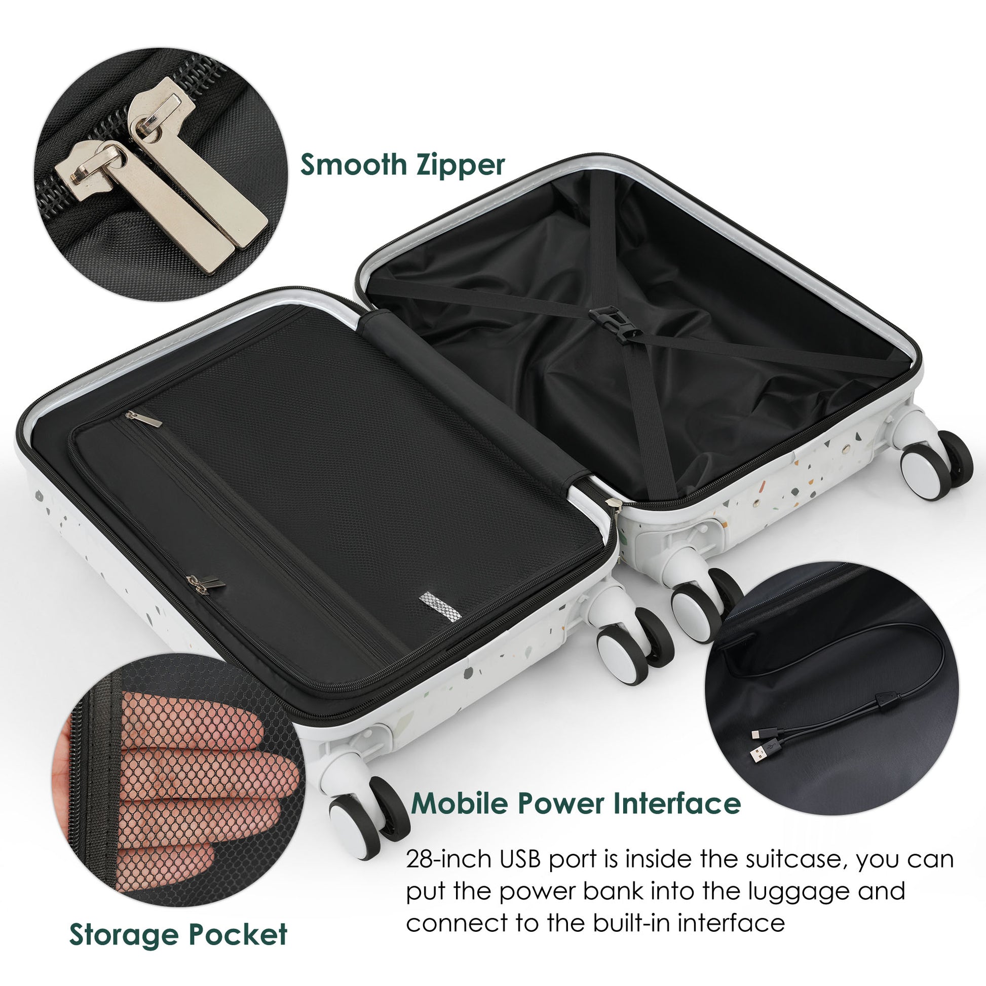 Luggage Set Of 3, 20, 24, 28Inch With Usb Port, 20, 24Inch With Front Opening Design Airline Certified Carry On Luggage With Cup Holder, Abs Pc Hard Shell Luggage With Spinner Wheels, Starry Sky