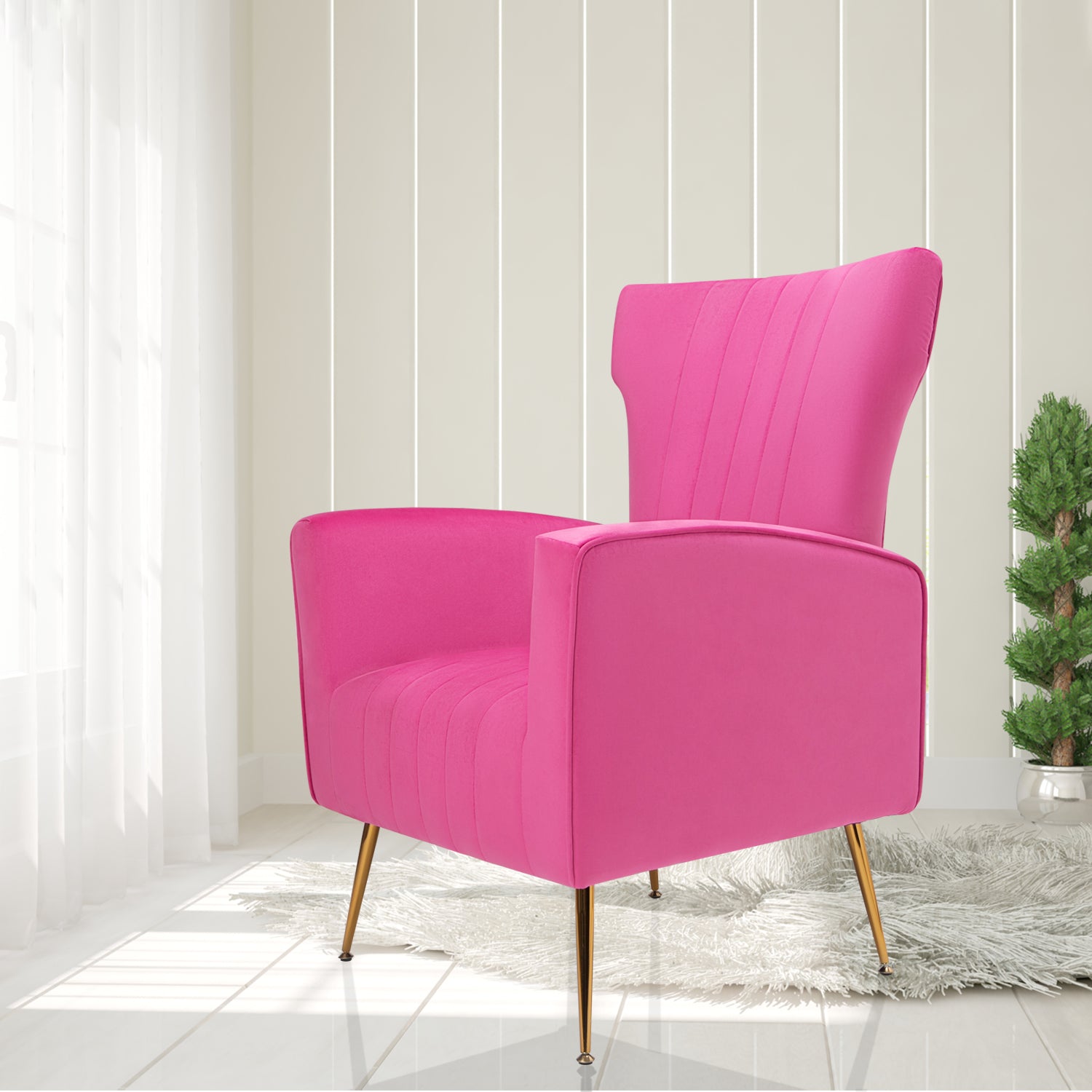 Velvet Accent Chair, Wingback Arm Chair With Gold Legs, Upholstered Single Sofa For Living Room Bedroom Rose Red Velvet 1 Seat