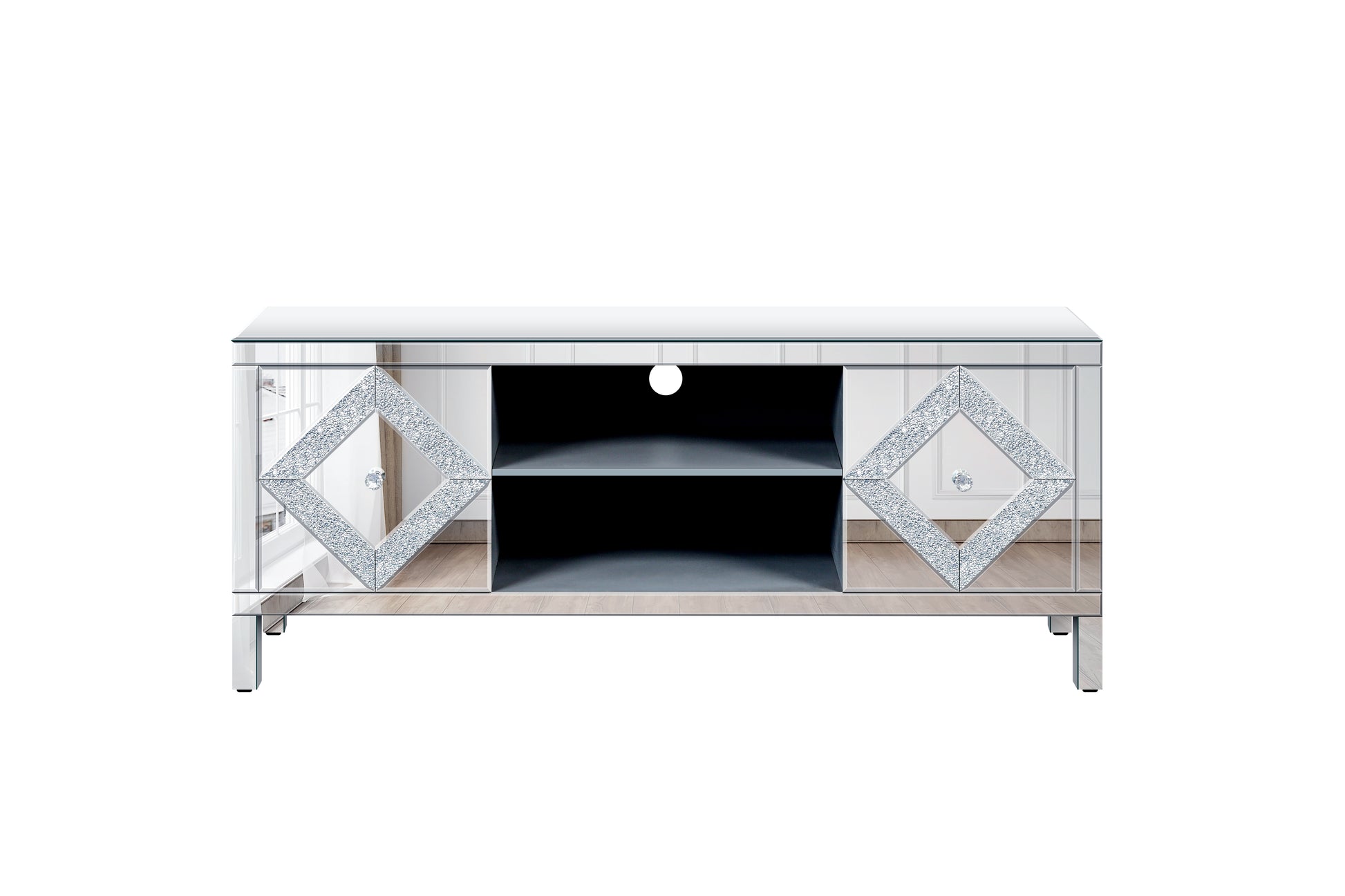 Mirrored Tv Stand For 65 Inch Tv,Sliver Tv Console Table With Open Storage & 2 Storage Cabinets ,Diamond Shape Sparkling Mirror Doors For Living Room 59''W X 25.2''H X 15.7D 1 2 Shelves Glass Pane