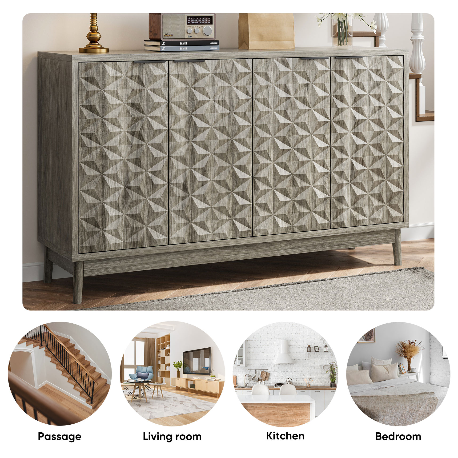 Modern Style Buffet Cabinet,Sideboard Buffet Cabinet With Storage,Storage Cabinet With 4 Diamond Shaped Relief Doors For Living Room,Dining Room,Entryway,Hallway,Kitchen,Grey Gray Gray Dining Room