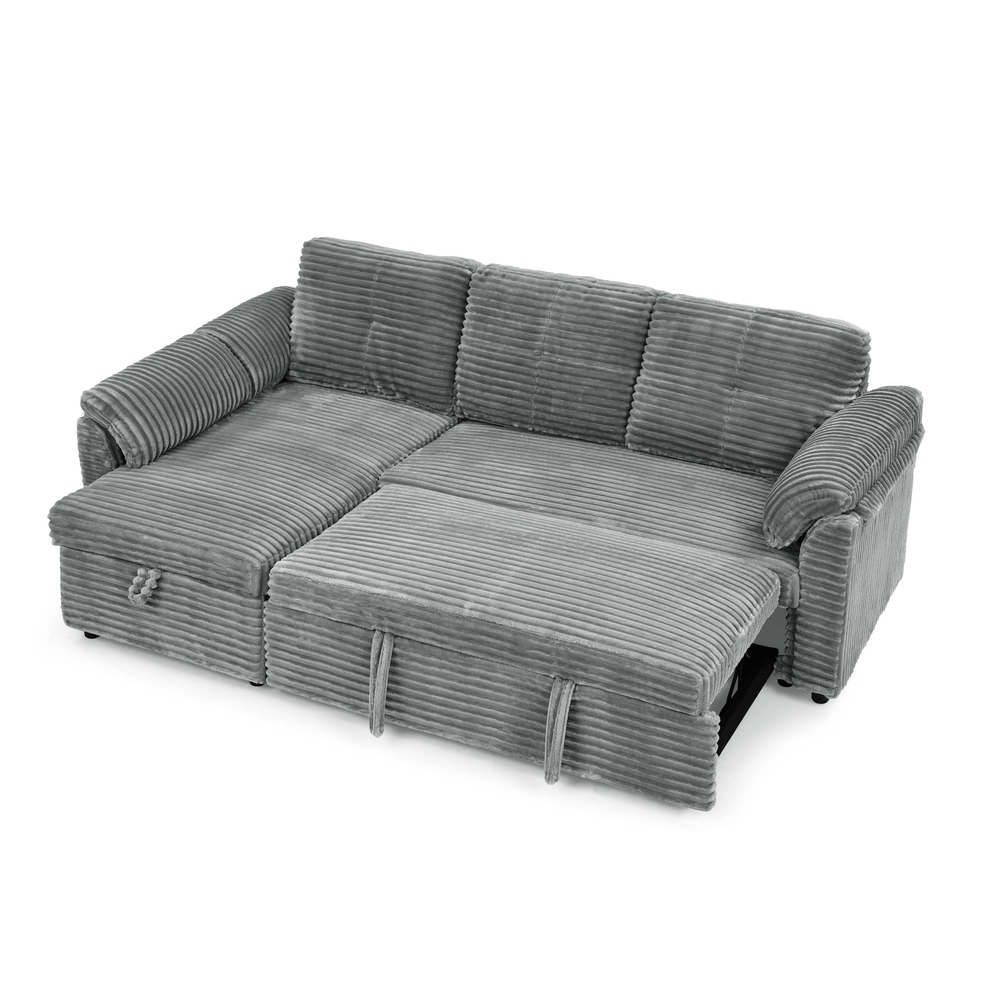 Corduroy Tufted Upholstered Sleeper Sectional Sofa, L Shaped Modular Convertible Sofa With Storage Chaise, Pull Out Sleep Couch Bed And Reclining Backrest Perfect For Living Space,Grey Full Grey Corduroy