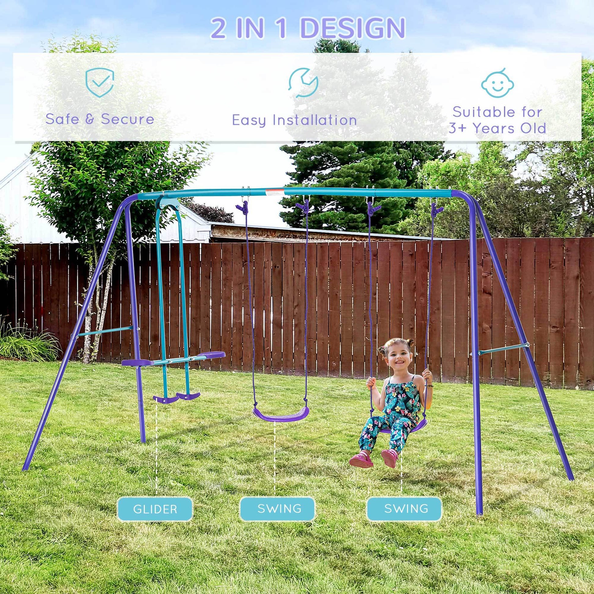 Outsunny Metal Swing Set With Glider, Two Swing Seats And Adjustable Height, Outdoor Heavy Duty A Frame Suitable For Playground, Backyard, Purple Purple Metal