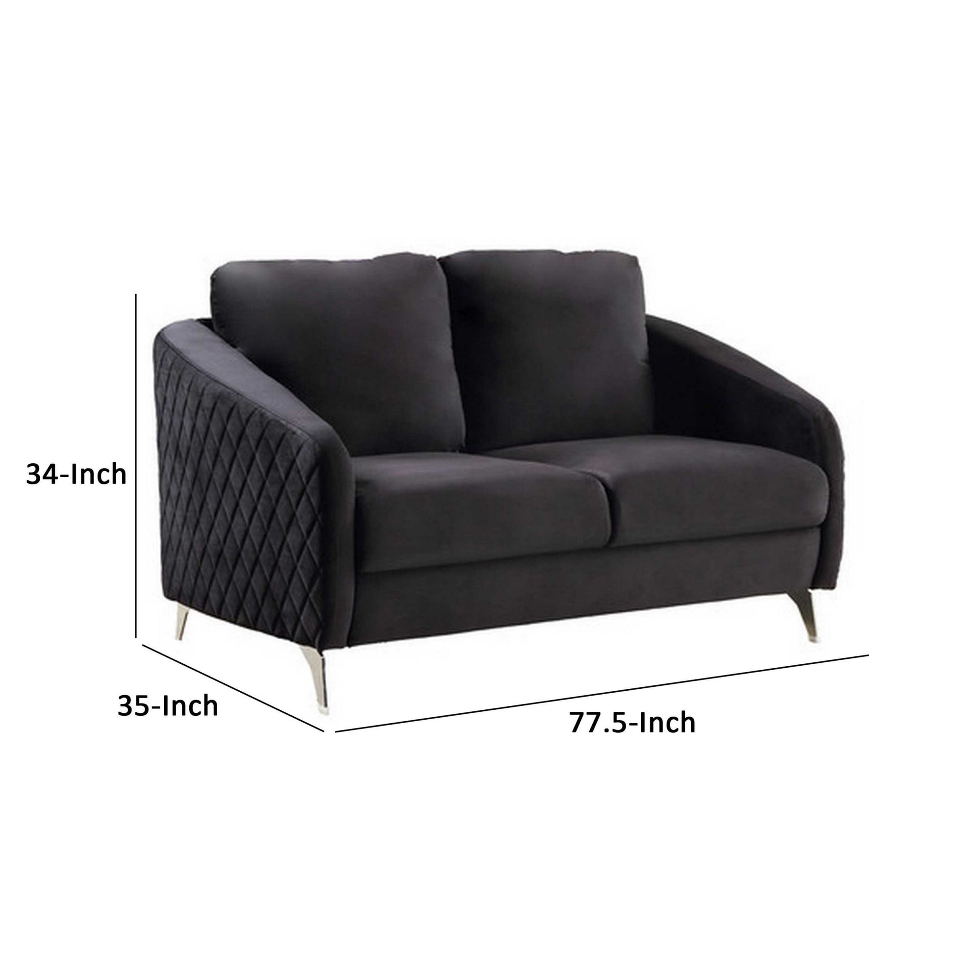 Hida 2 Piece Sofa And Loveseat Set, Diamond Stitching, Smooth Black Velvet Black Wood Fabric 5 Seat