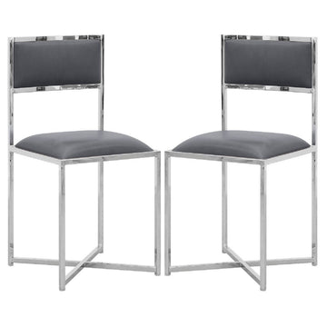 Eun 20 Inch Faux Leather Dining Chair, Chrome Base, Set Of 2, Dark Gray Gray Metal