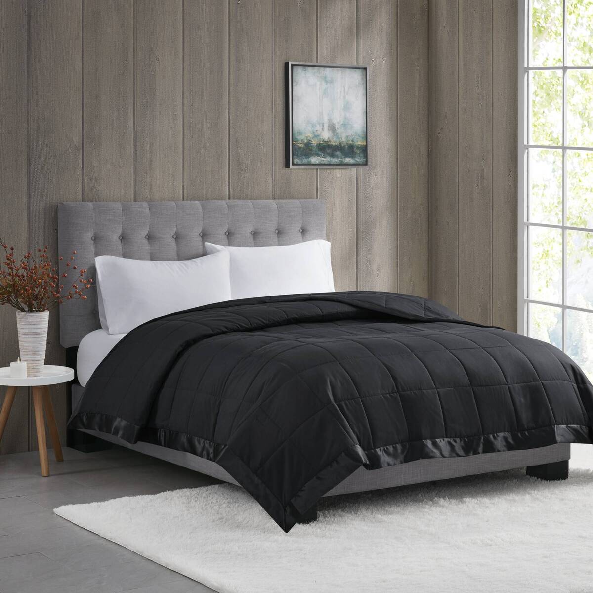 Lightweight Down Alternative Blanket With Satin Trim Black Twin Black Polyester
