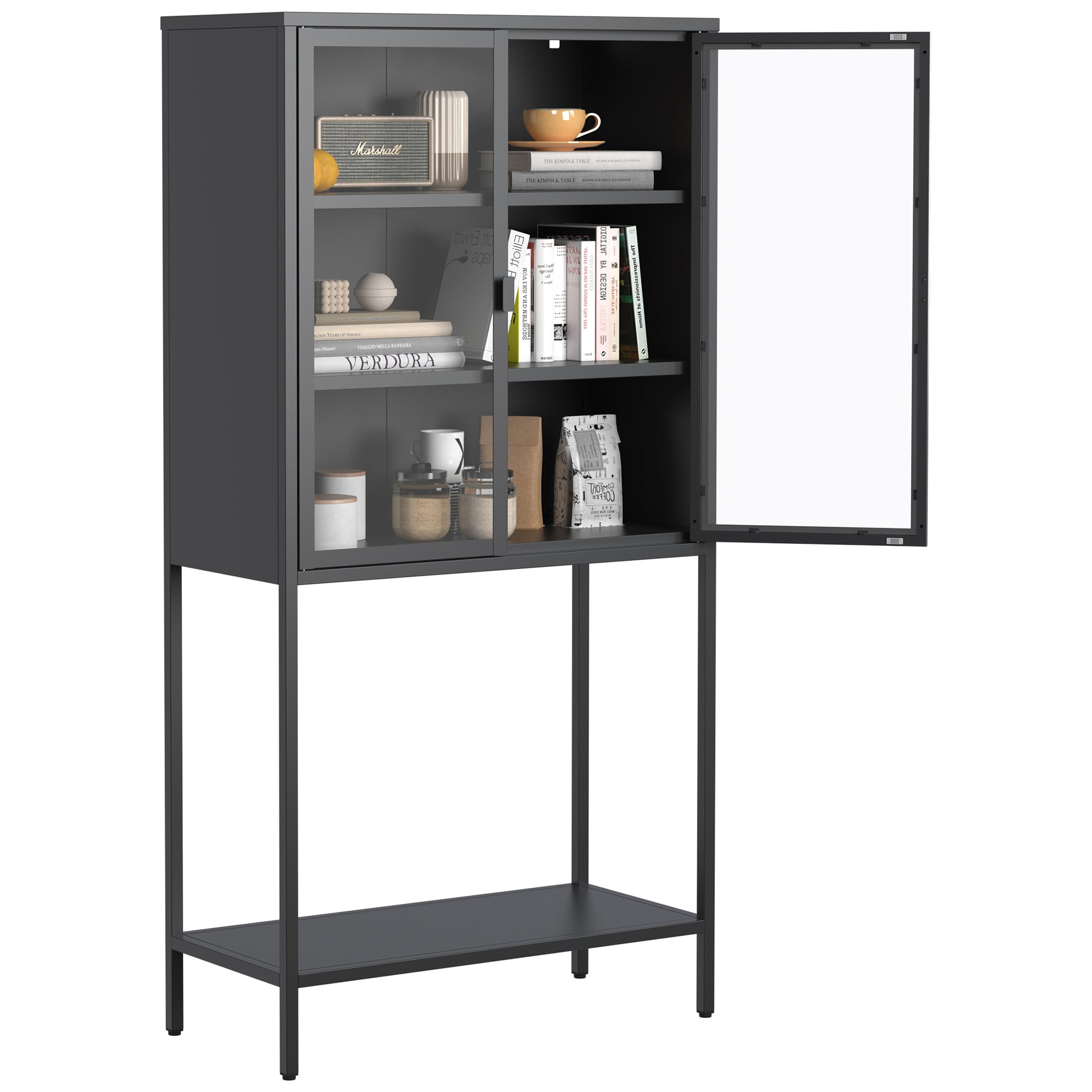 59"H Heavy Duty Metal Storage Cabinet,Sideboards & Buffet,Display Storage Cabinet With Glass Doors And 2 Adjustable Shelves, Tall Bookcase Modern Bookshelf Cabinet For Home Office, Living Room Black Primary Living Space Modern Metal Metal