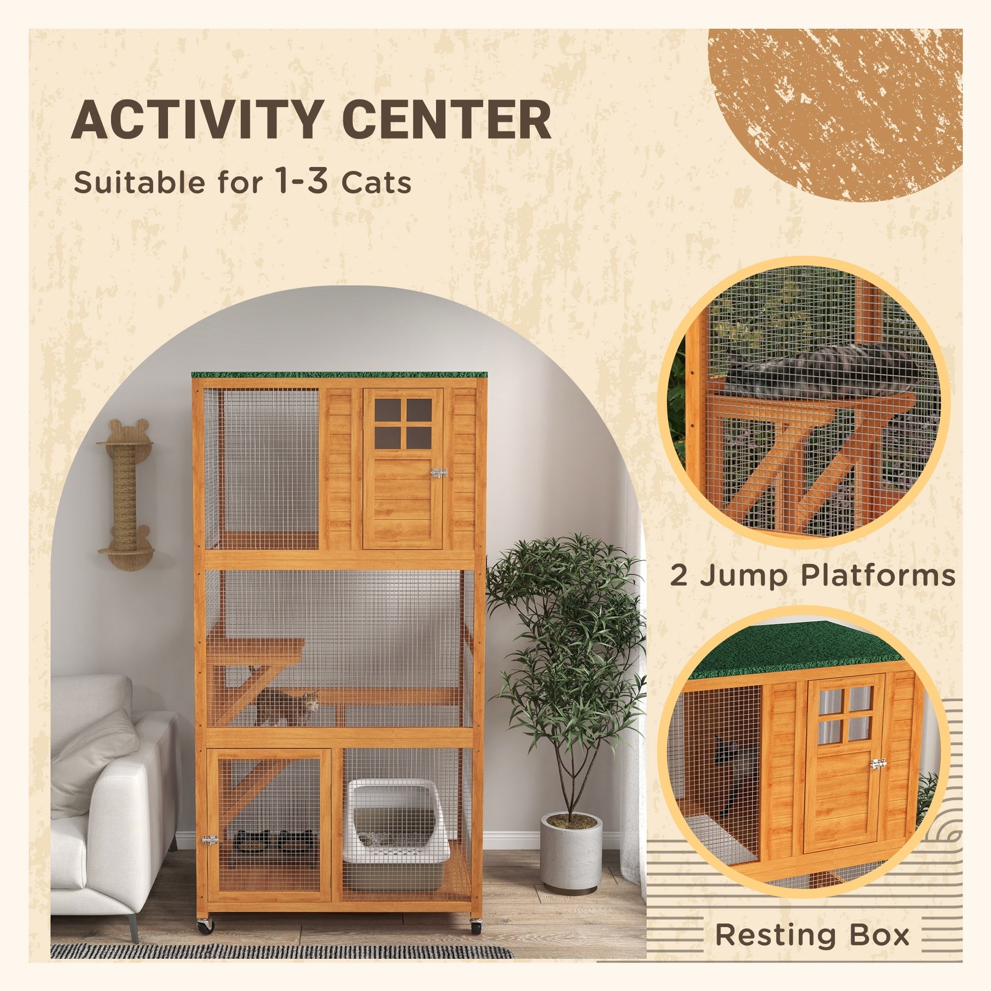 Pawhut 74" Wooden Outdoor Cat House Weatherproof & Wheeled, Catio Outdoor Cat Enclosure With High Weight Capacity, Kitten Cage Condo, Orange Orange Wood