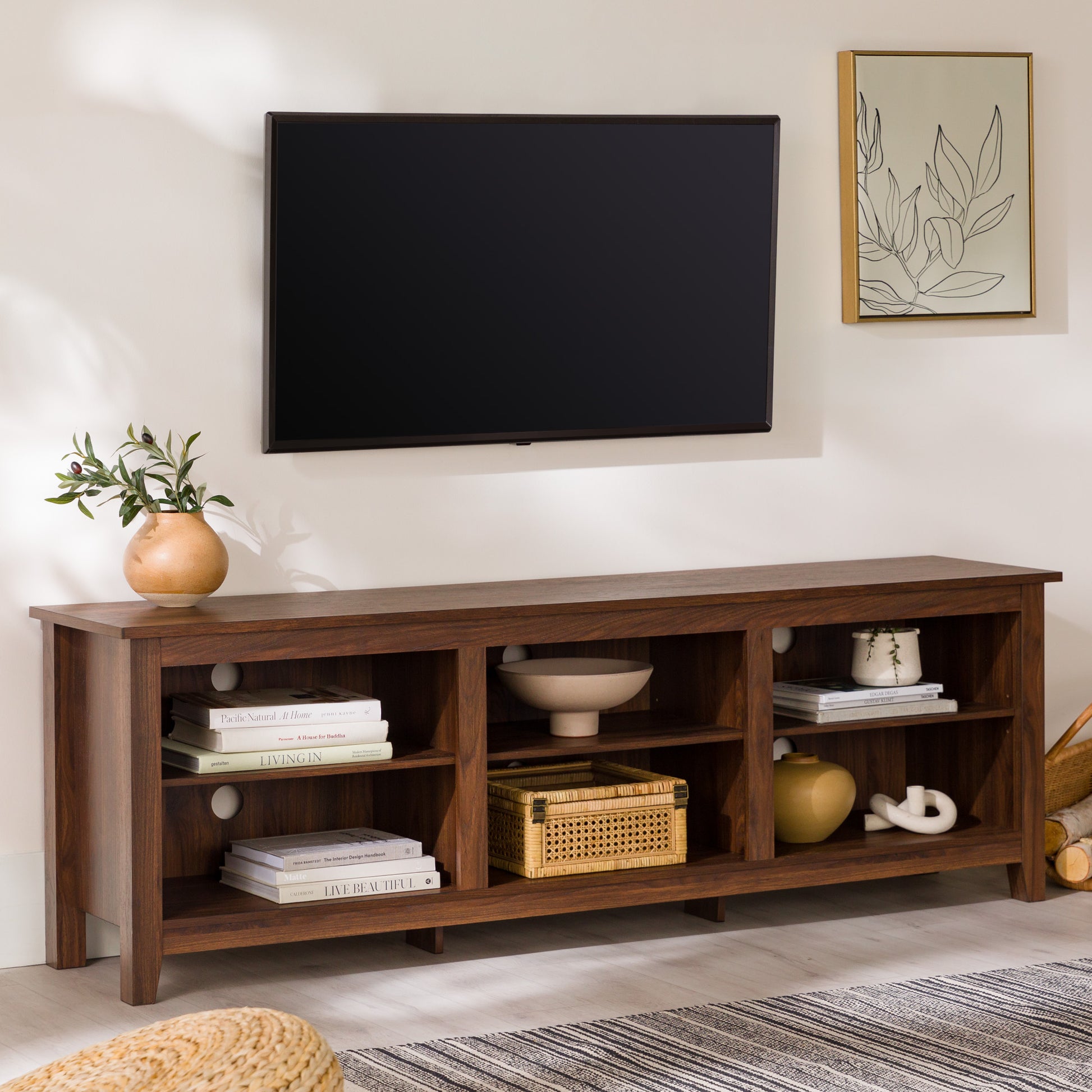 Modern Transitional 3 Shelf Open Storage 70" Tv Stand For 80" Tvs Rustic Oak Oak Mdf