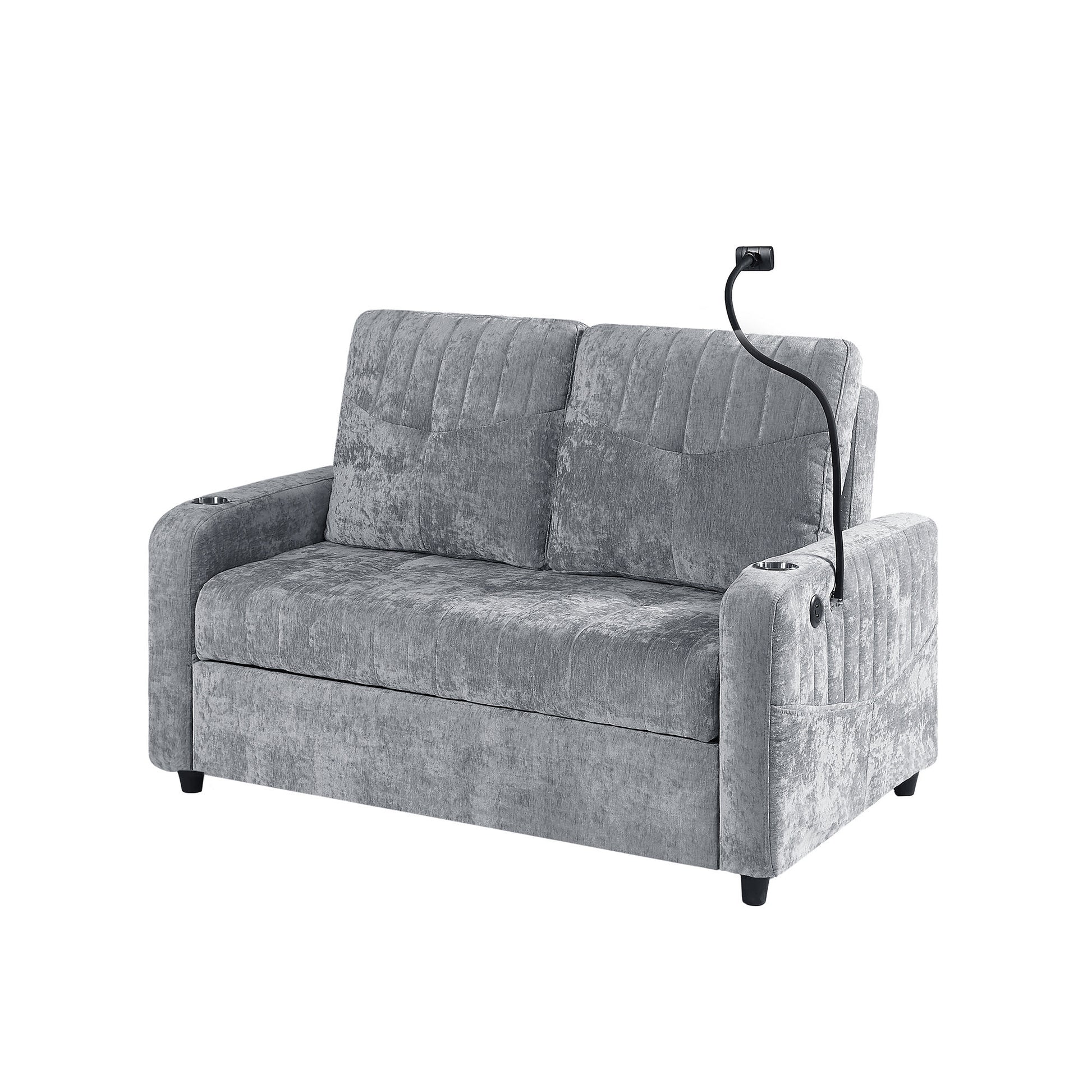 53.9" Modern Loveseat Pull Out Sofa Bed With Adjustable Backrest, Two Cup Holdersa Phone Holder, Three Charging Ports And Side Storage Pockets For Living Room, Grey Grey Foam Chenille