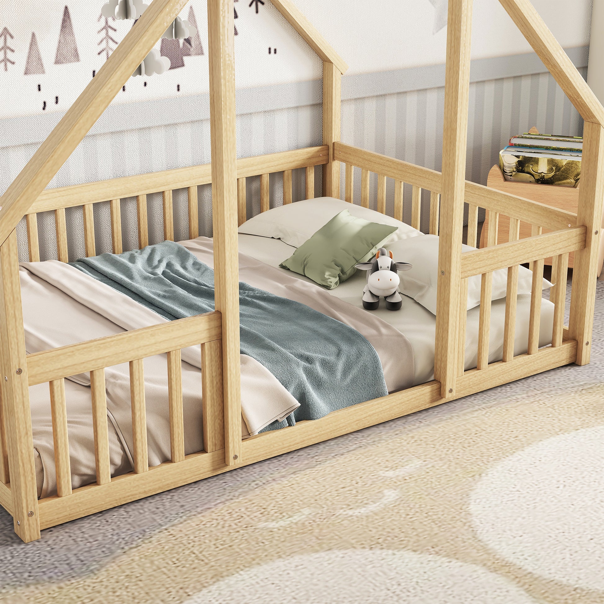 Full Wood House Shaped Floor Bed With Fence, Guardrails,Natural Full Natural American Design Pine