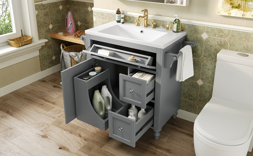 30'' Bathroom Vanity With Top Sink, Modern Bathroom Storage Cabinet With 2 Drawers And A Tip Out Drawer, Single Sink Bathroom Vanity Same As N710S130001E Grey Bathroom Modern Solid Wood Mdf Resin