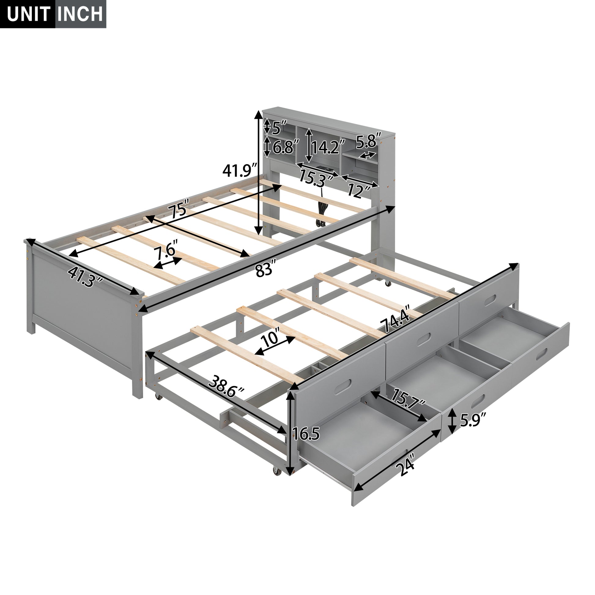 Twin Size Platform Bed With Storage Headboard, Usb, Twin Size Trundle And 3 Drawers, Gray Box Spring Not Required Twin Gray Wood Bedroom Bed Frame Solid Wood Mdf