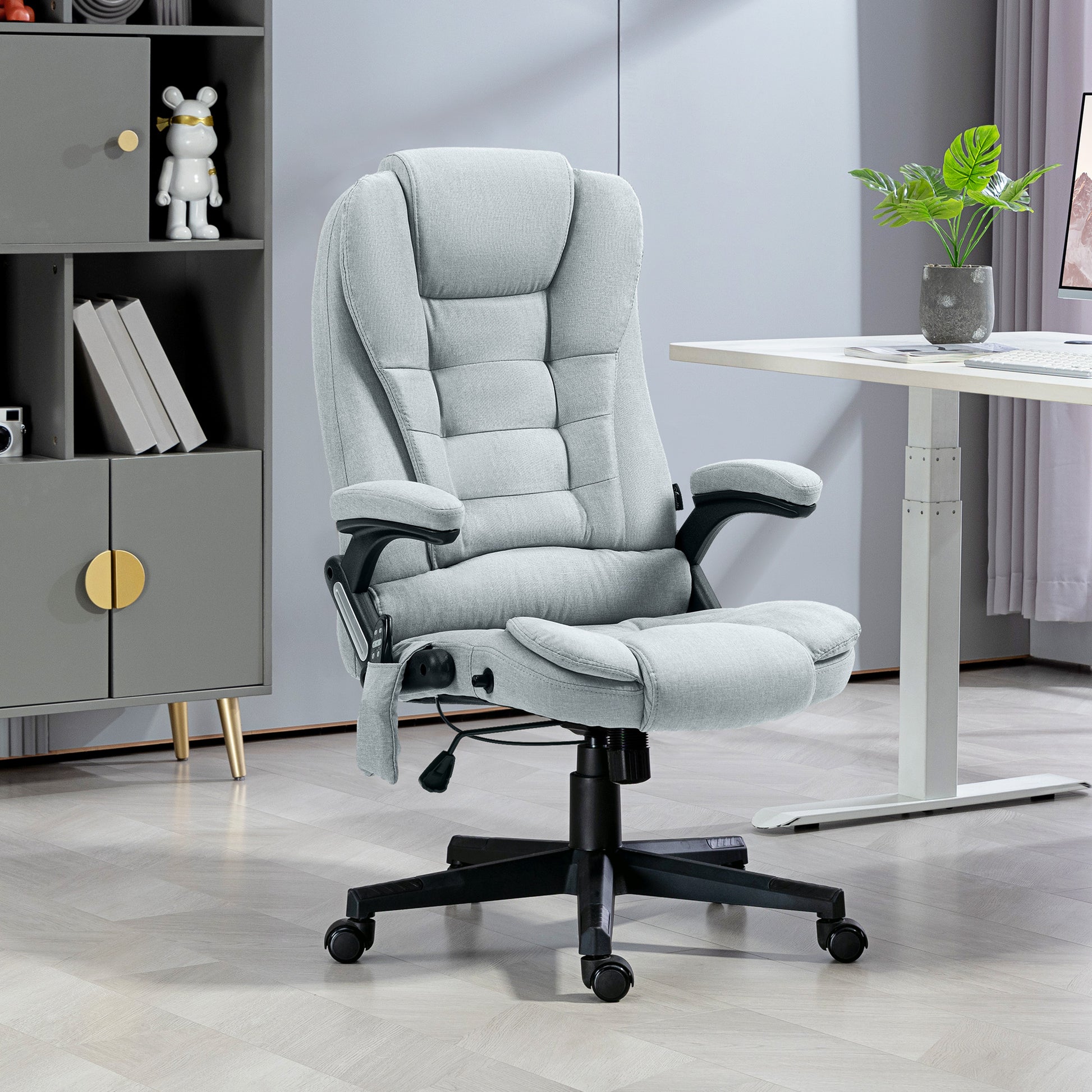 Homcom 6 Point Vibrating Massage Office Chair With Heat, Linen High Back Executive Office Chair With Reclining Backrest, Padded Armrests And Remote, Light Gray Light Gray Polyester