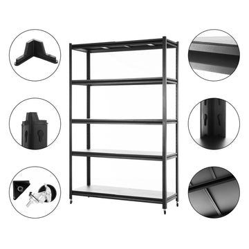Storage Shelves With 5 Adjustable Levels, Garage Storage Shelves, Heavy Duty Metal Shelves, Practical Shelf Units, Suitable For Warehouse Storage Rooms, Wardrobes, Kitchens, 72X47X17 Inches Black