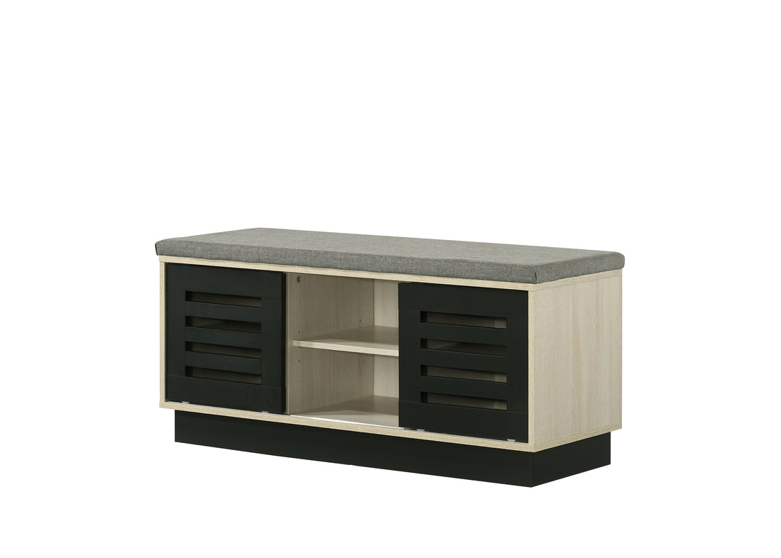 Brett 38.5"W Oak Finish Shoe Cabinet With Sliding Doors, Upholstered Top Oak Engineered Wood