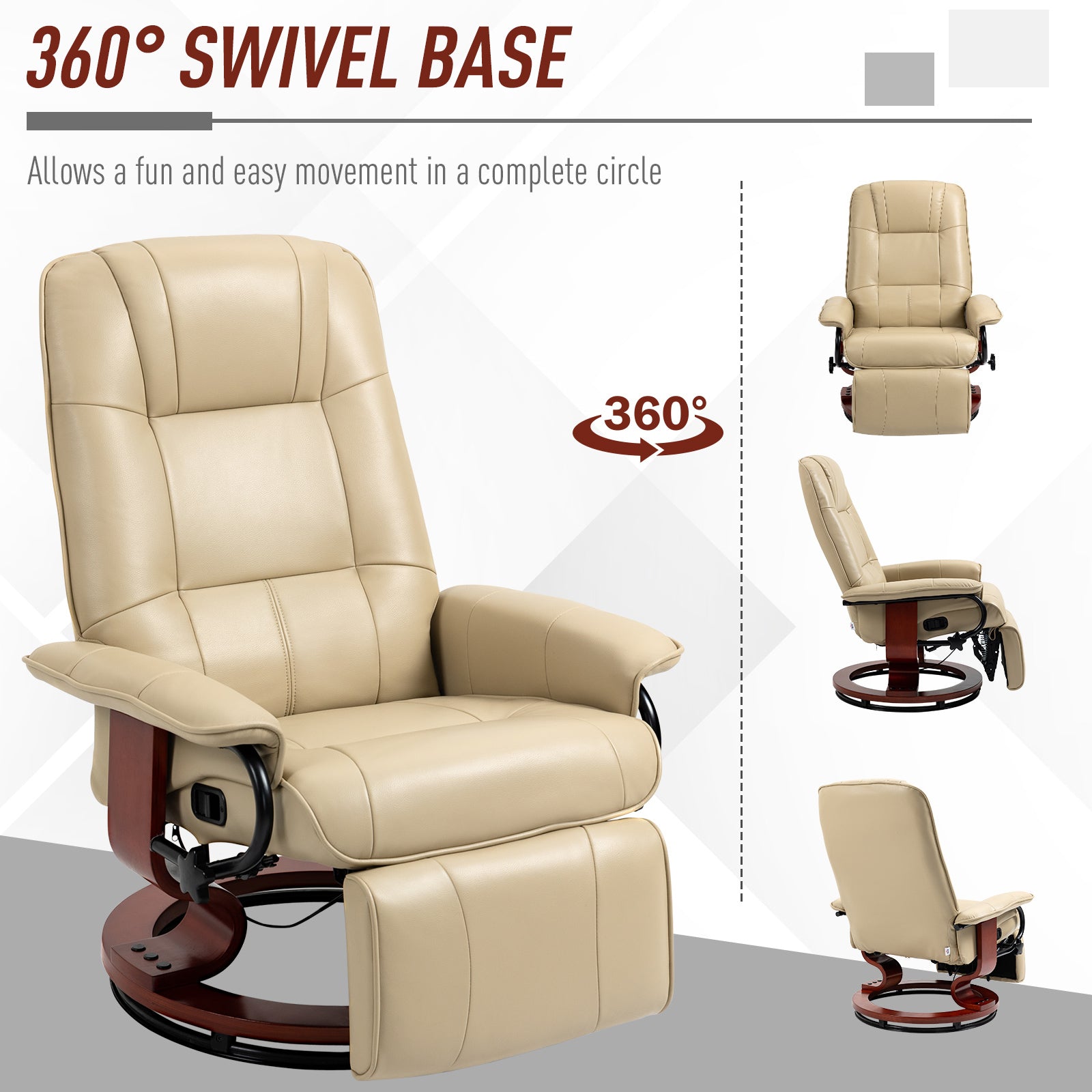 Homcom Faux Leather Manual Recliner With Swivel Wood Base, White Cream White Pu Leather