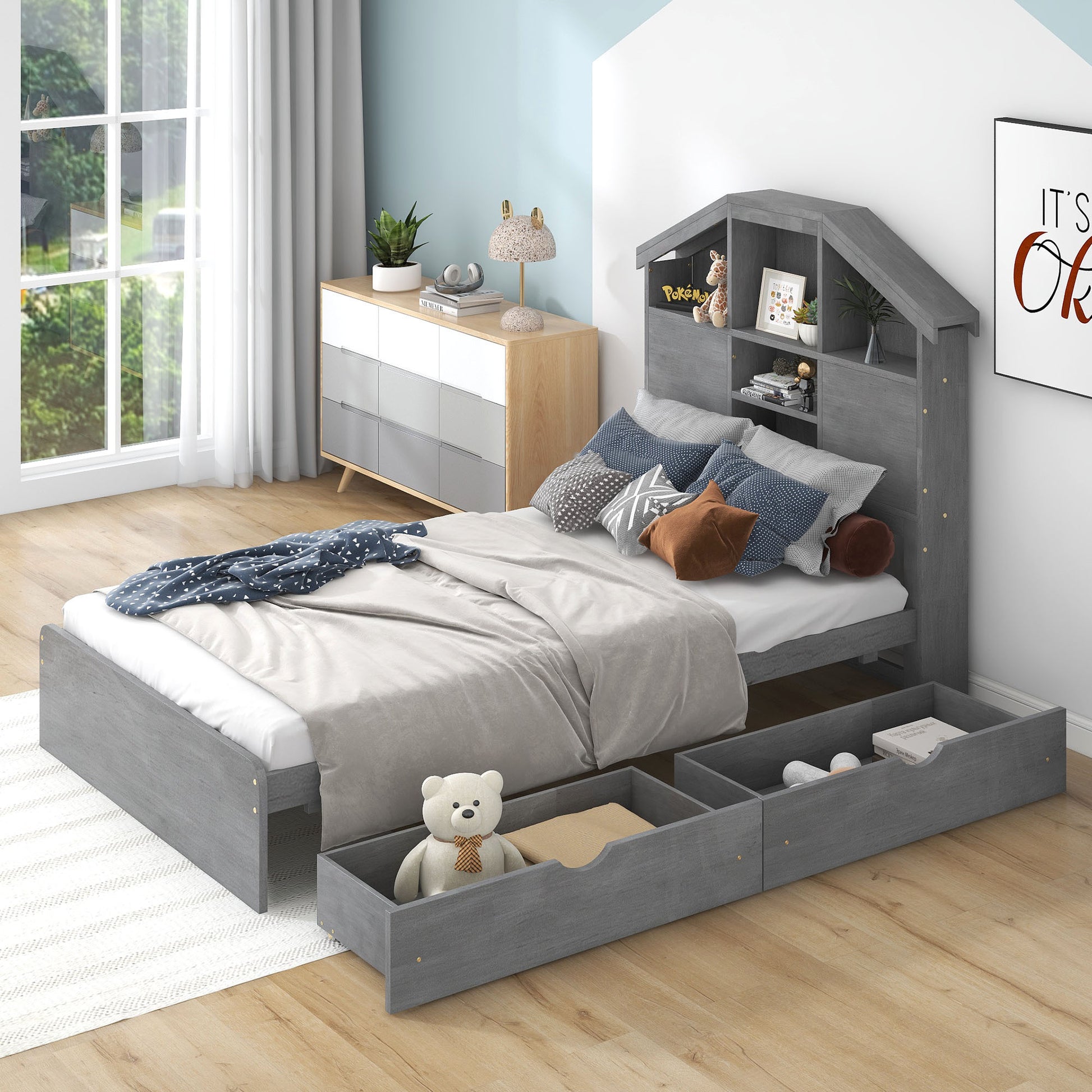 Twin Size Wood Platform Bed With House Shaped Storage Headboard And 2 Drawers, Gray Box Spring Not Required Twin Gray Wood Bedroom Solid Wood Mdf