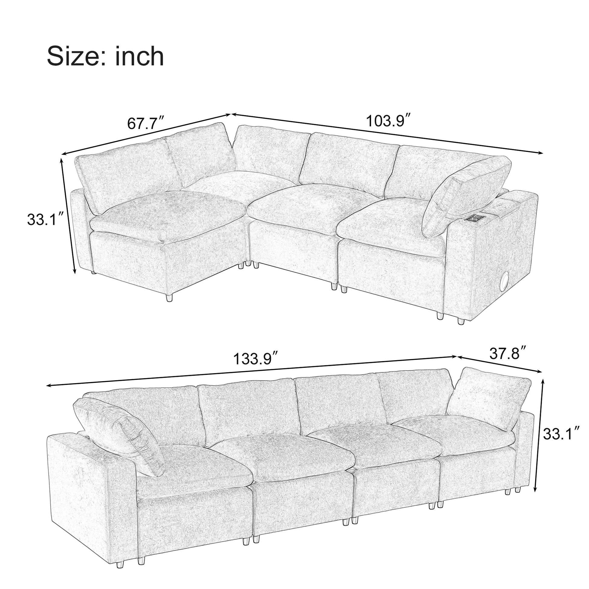 Upholstered Modular Sofa With With Storage Space, Usb Charge Ports,Wireless Charging And Built In Bluetooth Speaker In Arm,Sectional Sofa For Living Room Apartment. Old Sku:Wy000317Aae Gray