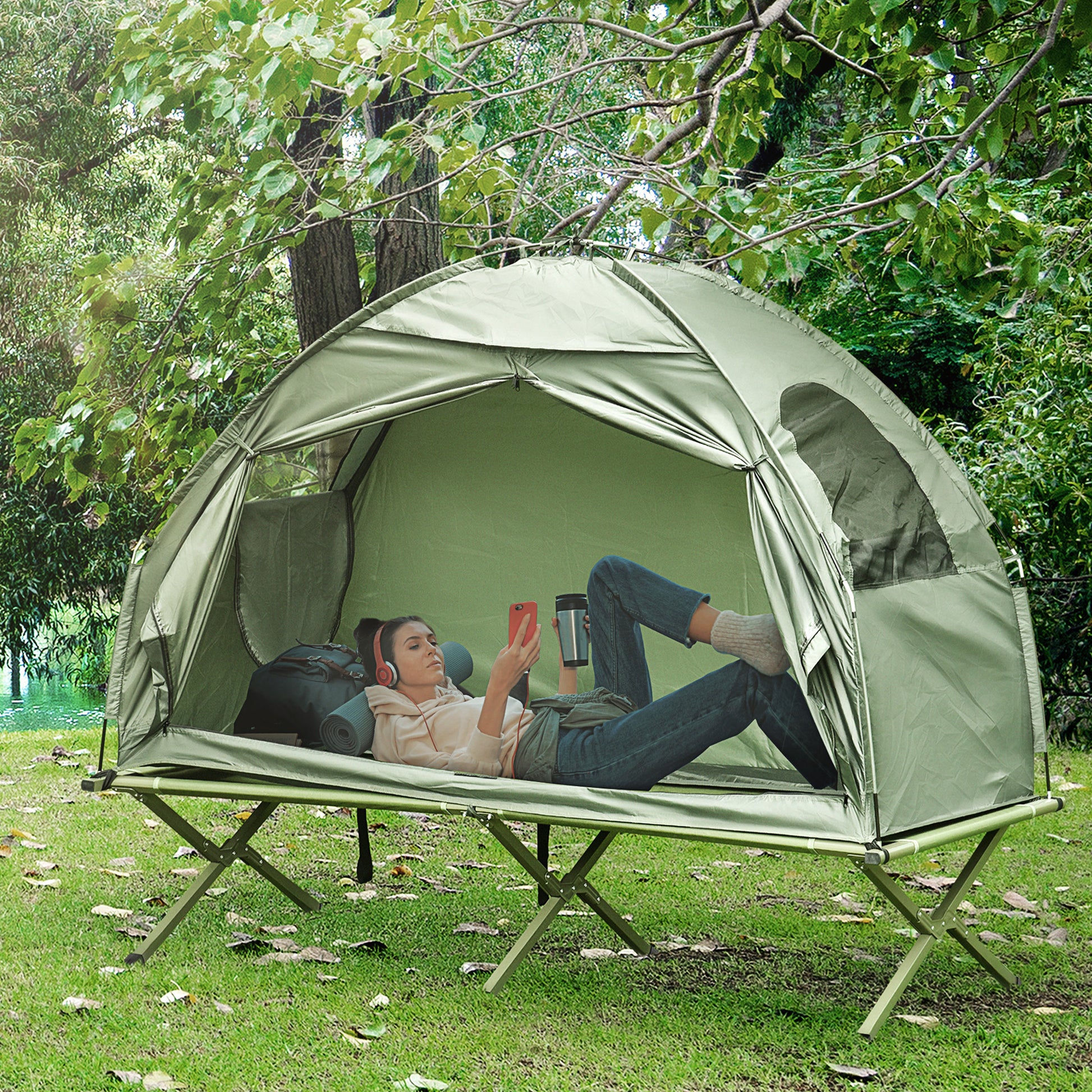 Outsunny Camping Tent Cot, Single Person Folding Cot Combo, Off Ground Tent, Covered Outdoor Bed With Carry Bag For Hiking, Camping Green Polyester