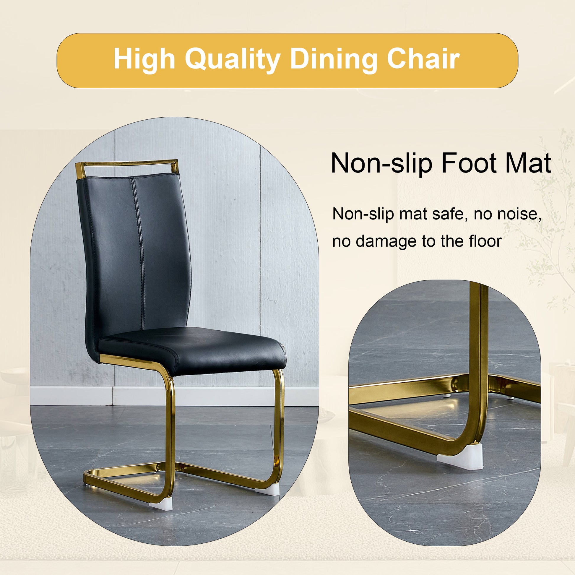 Table And Chair Set.67"X36" White Marble Pattern Mdf Dining Table Set With 6 Black Pu Chairs.Mdf Sticker,White Marble Pattern Sticker,Gold C Tube Chair Legs,Suitable For Kitchen,Dining Room,Etc.