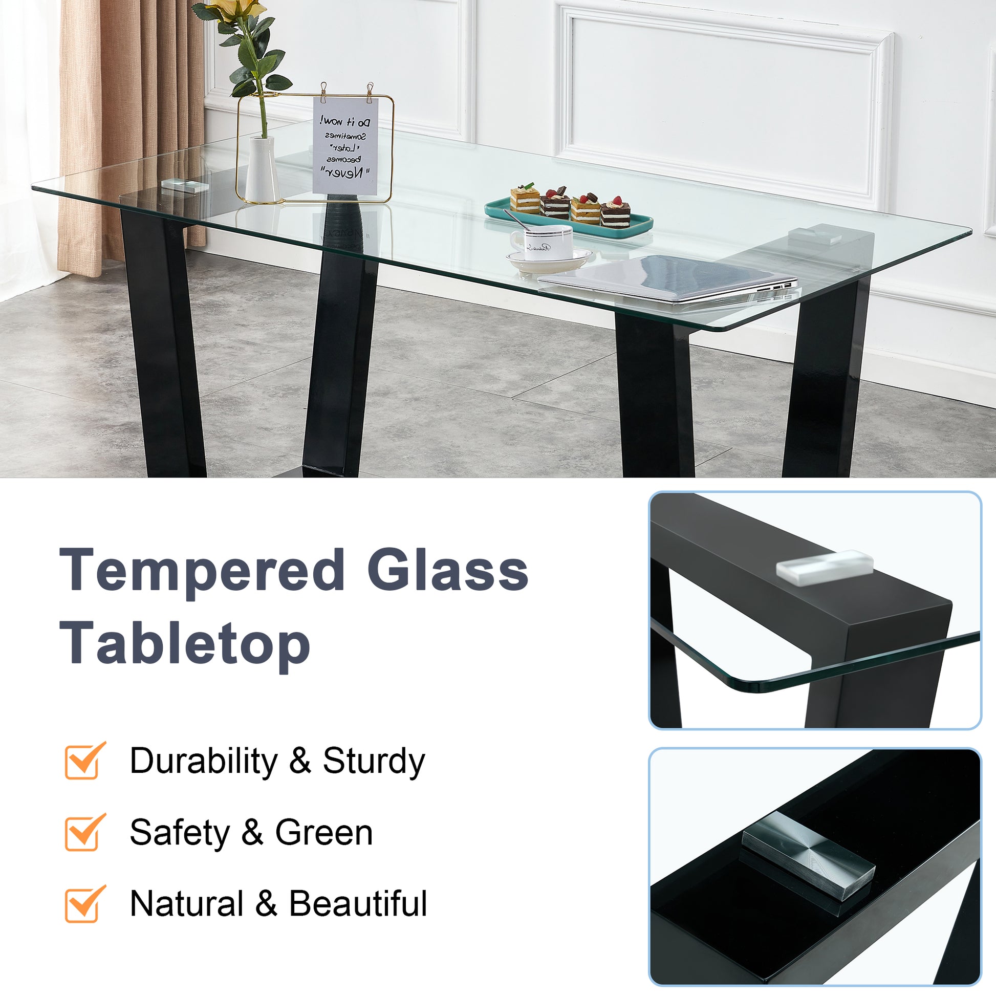 Table And Chair Set.A Rectangular Dining Table Features With Tempered Glass Top And Sleek Black Mdf Stand.Paried With 4 Pu Chairs With Checkered Armless High Back And Electroplated Metal Legs. Light Gray,Transparent Seats 4 Mdf Glass