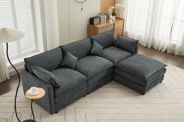 Modular Sectional Sofa, 3 Seater Sofa With Ottoman, Modern L Shaped Sofa For Living Room Bedroom Apartment Dark Gray Wood Fabric 4 Seat