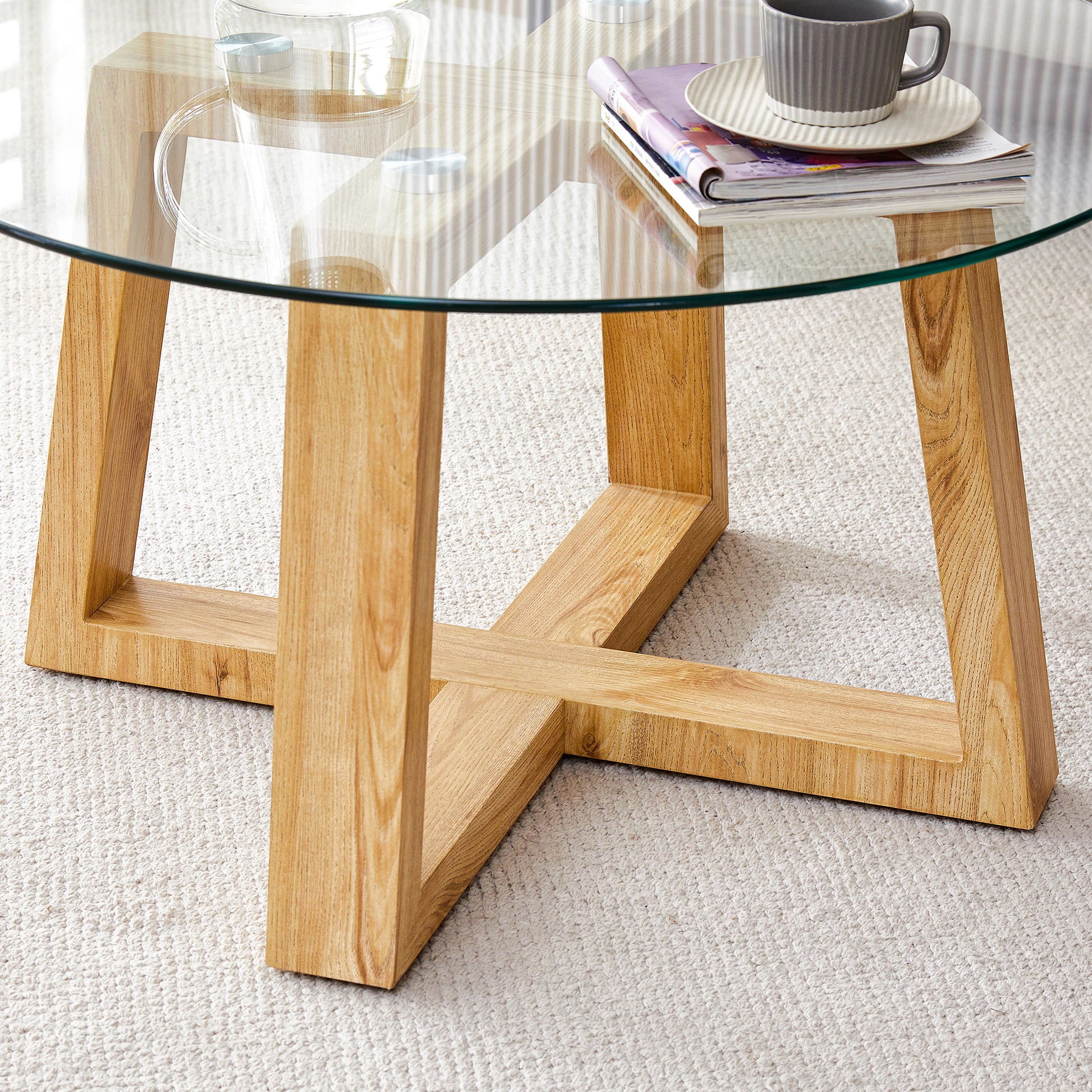 Modern Practical Circular Coffee Tables. Made Of Transparent Tempered Glass Tabletop And Wood Colored Mdf Material. Suitable For Living Rooms And Bedrooms.31.5"*31.5"*17.7" Transparent Glass