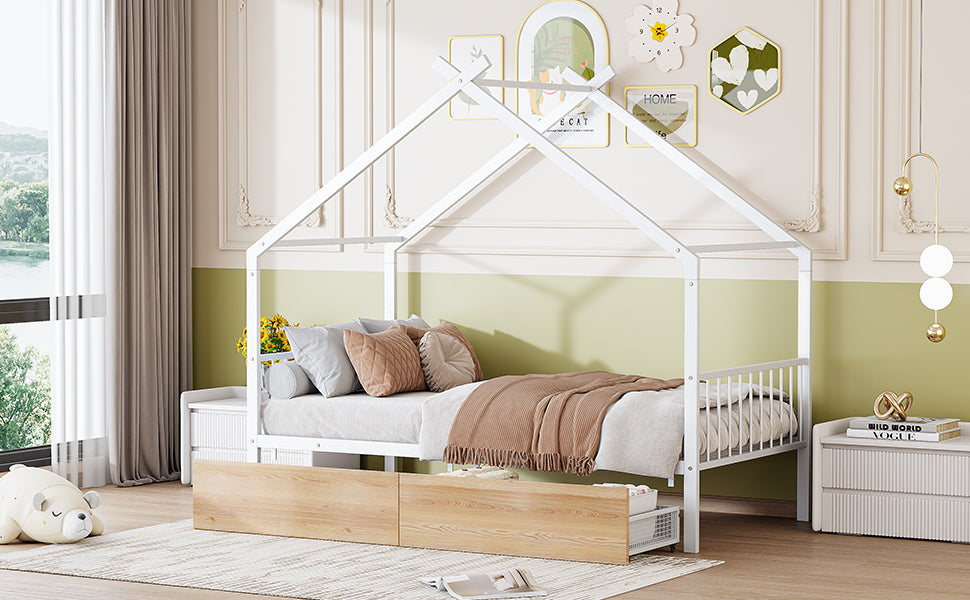 Twin Size Metal House Bed With Two Drawers, White Twin White Metal