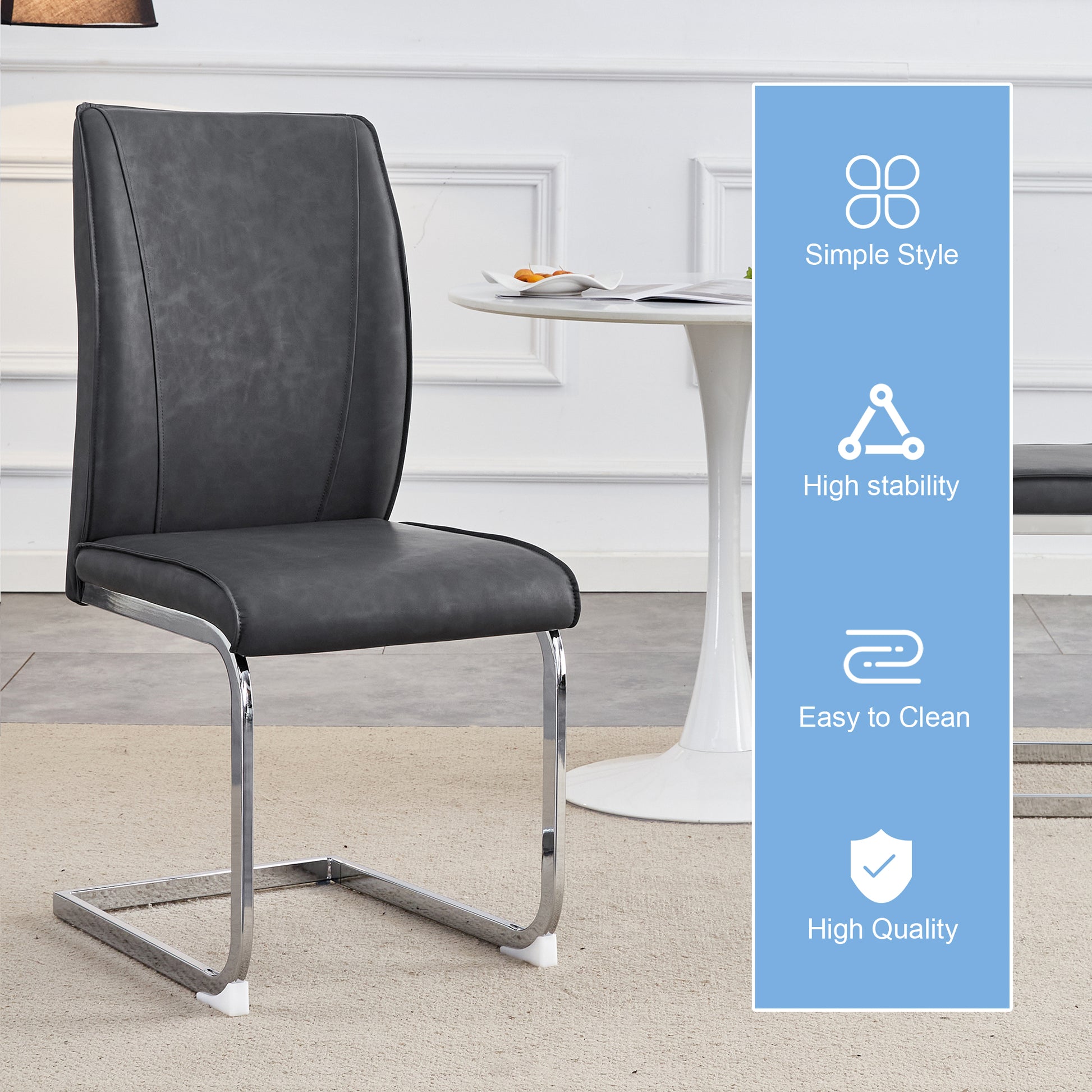 Luxury Simple Arch Chair Set Of 4 Dark Gray Pu Material High Resilience Dining Chair With Arched Metal Silver Leg.Crazy Horse Texture Pu Dining Chairs. Dark Gray,Silver Metal,Pu