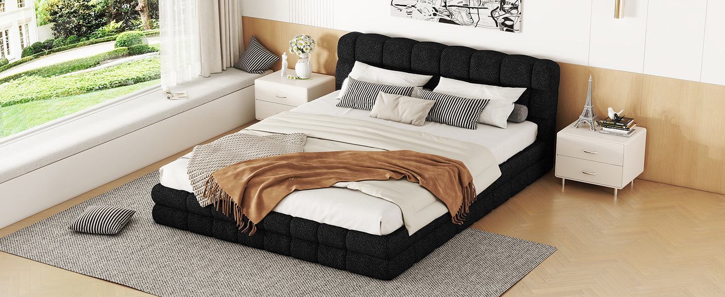 Queen Size Upholstered Platform Bed, Black Box Spring Not Required Queen Black Wood Bedroom Bed Frame Upholstered