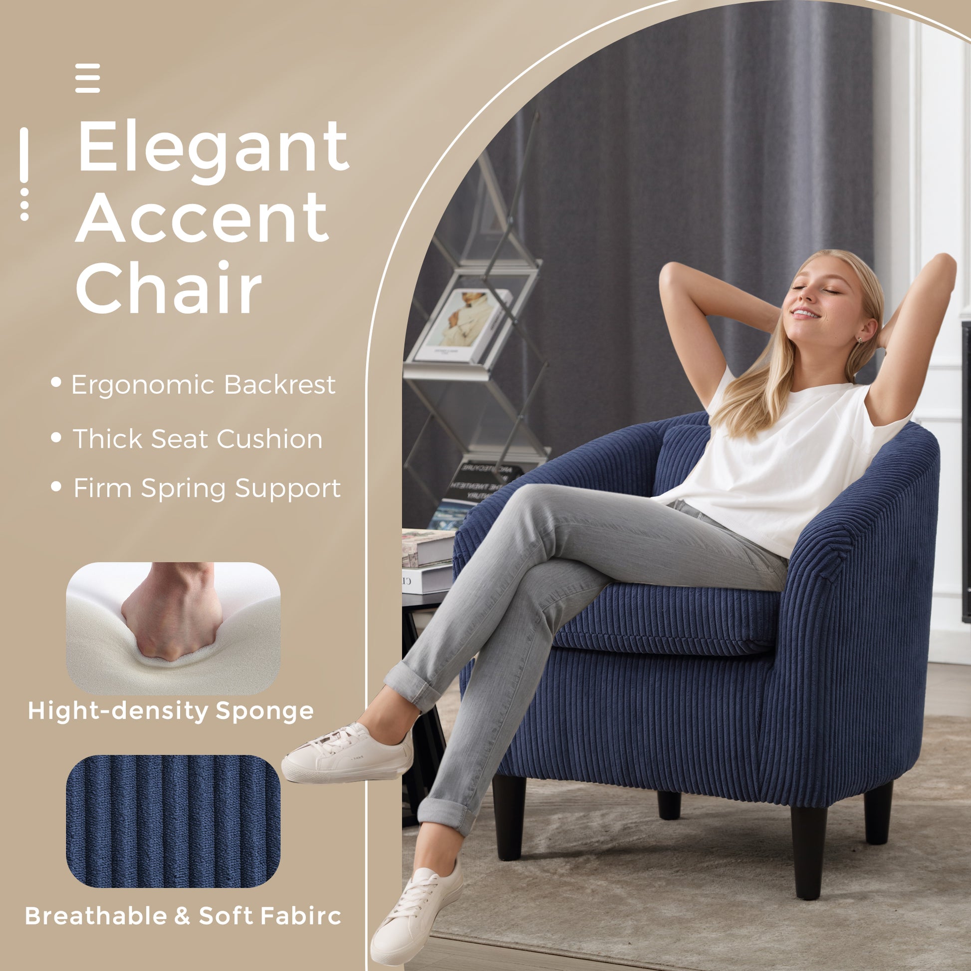 Coolmore Living Room Accent Barrel Chair, Century Modern Style Decorative Chair, Armchair For Living Room With Thick Cushions And Pillows, Comfy Single Sofa Chair, Chair With Wooden Legs,Blue Blue Corduroy