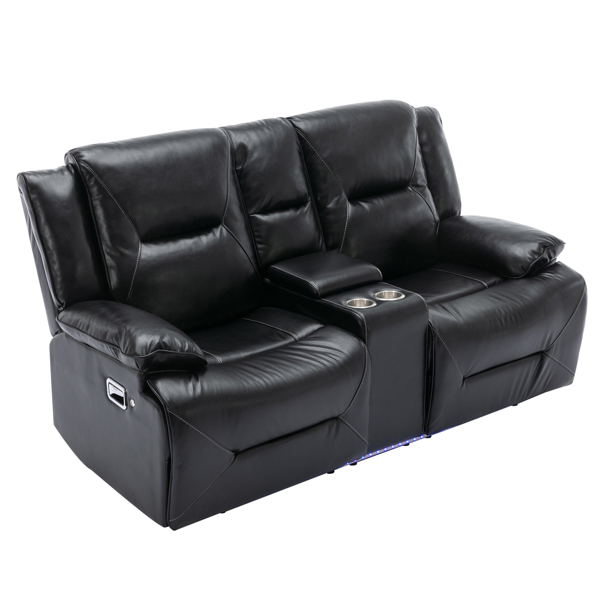 Home Theater Recliner Set Manual Recliner Chair With A Led Light Strip Two Built In Cup Holders For Living Room,Bedroom, Black Black Foam Pu