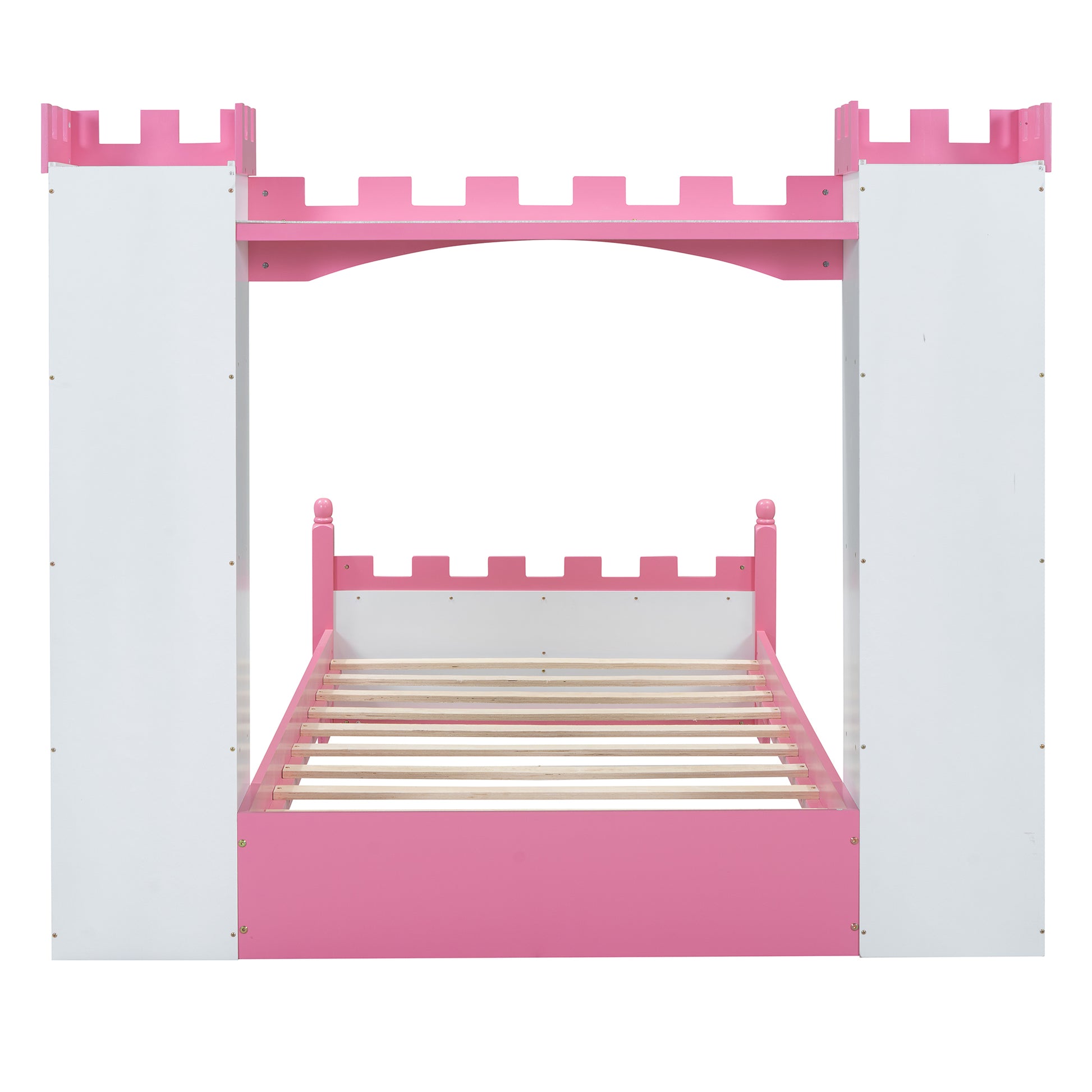 Castle Shaped Wooden Bed With Storage Shelf, Dreamy Twin Size Platform Bed For Kids Bedroom, White Pink Expected Arrival Time:8.14 Twin White Pink Wood