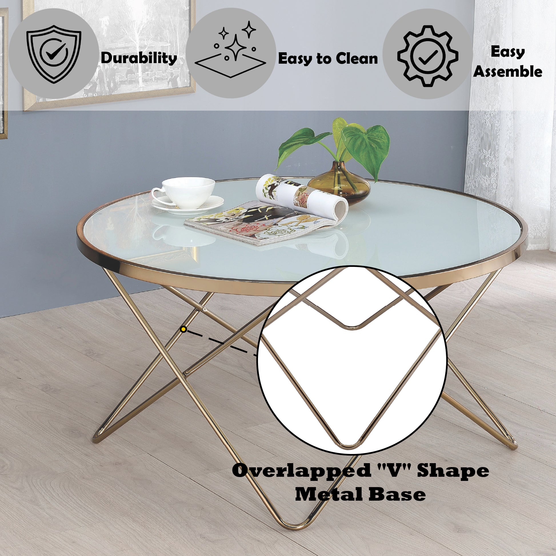 Valora Frosted Glass Top & Champagne Finish Coffee Table Champagne Glass Metal