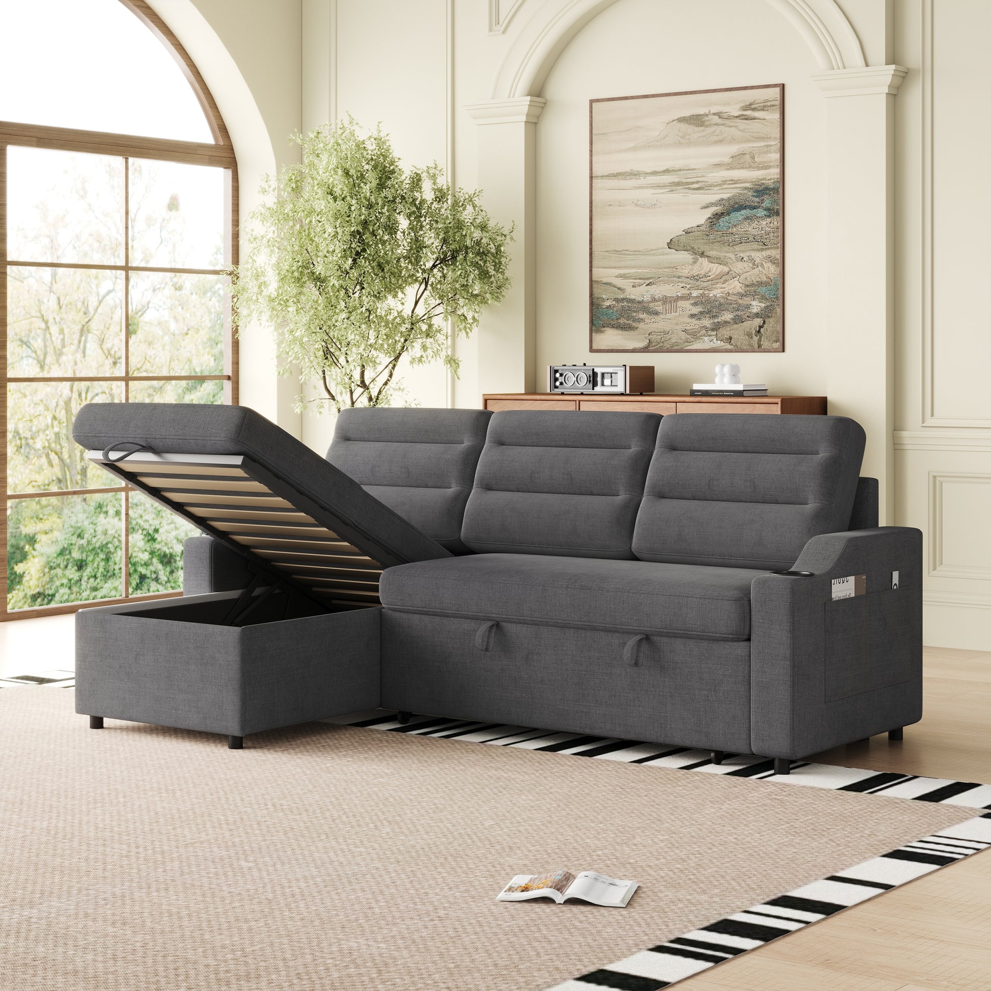 Mh83.5" Convertible Sleeper Combo Sofa, Convertible Sofa Bed Polyester Pullout Bed With Storage Recliner And Cup Holder For Living Room, Tight Spaces Dark Grey Polyester Wood Primary Living Space Pine Foam Fabric 3 Seat