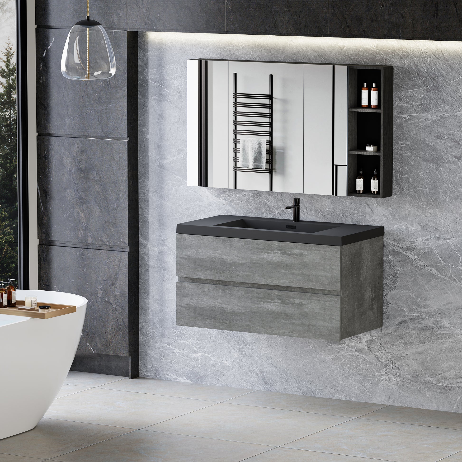 42" Floating Bathroom Vanity With Sink, Modern Wall Mounted Bathroom Storage Vanity Cabinet With Black Quartz Sand Top Basin And Soft Close Drawers, Grey 24V12 42Gr 2 Grey Wall Mounted Melamine