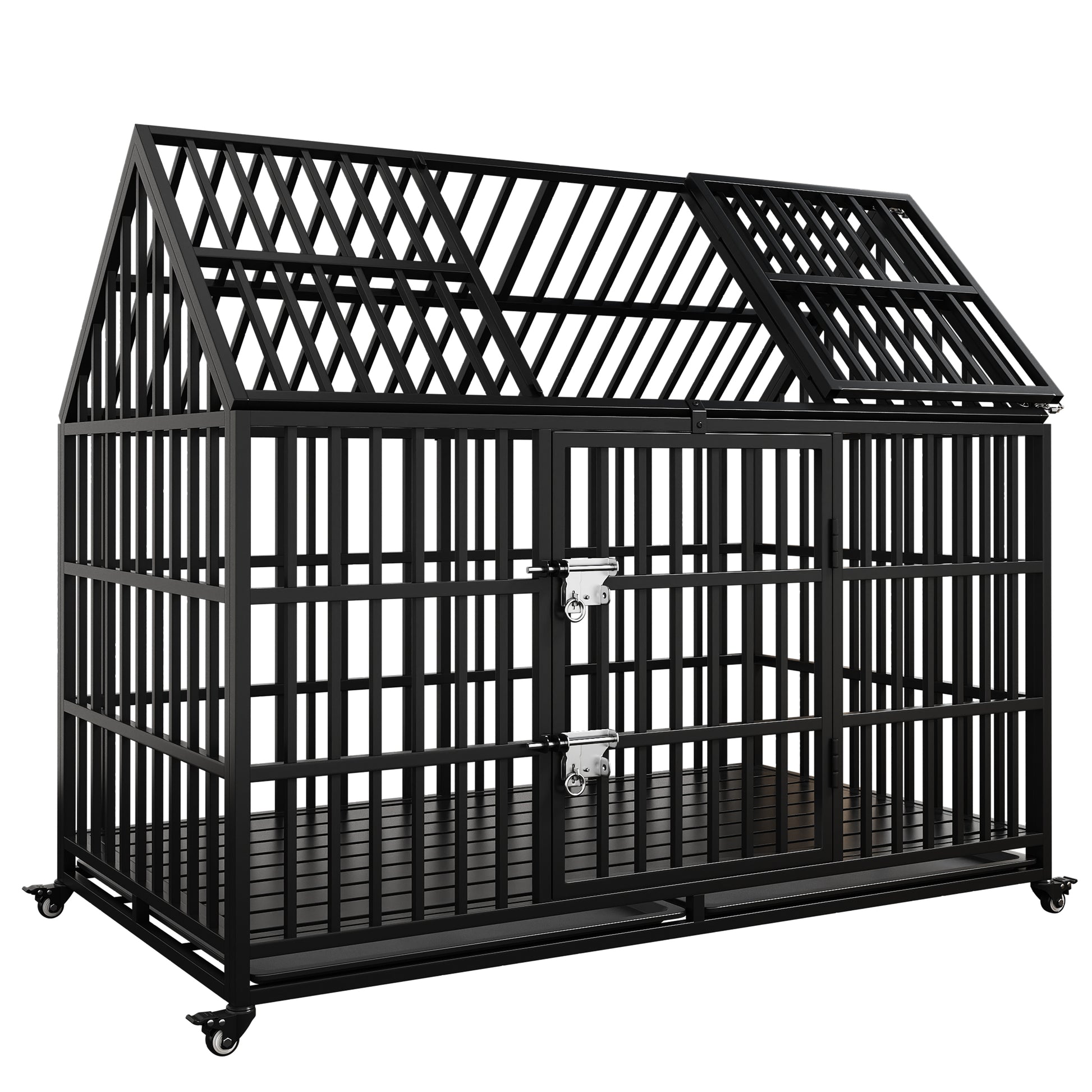 54" Heavy Duty Dog Crate Large Dog Cage Strong Metal Dog Kennels And Crates For Large Dogs Top Open With 2 Doors 4 Lockable Wheels 2 Removable Trays Black Outdoor Kennel Extra Large 71 90 Lbs Steel