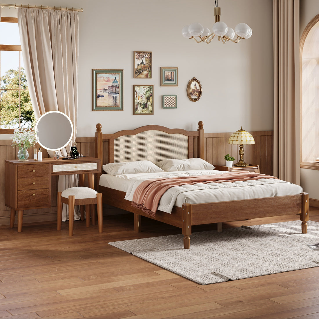 3 Pieces Bedroom Set With Full Size Wooden Bed Frame, 1 Vintage Nightstand And 1 Makeup Vanity Set With Stool,Walnut Expected Arrival Time: 08.23 Full Walnut 3 Piece Set Wood