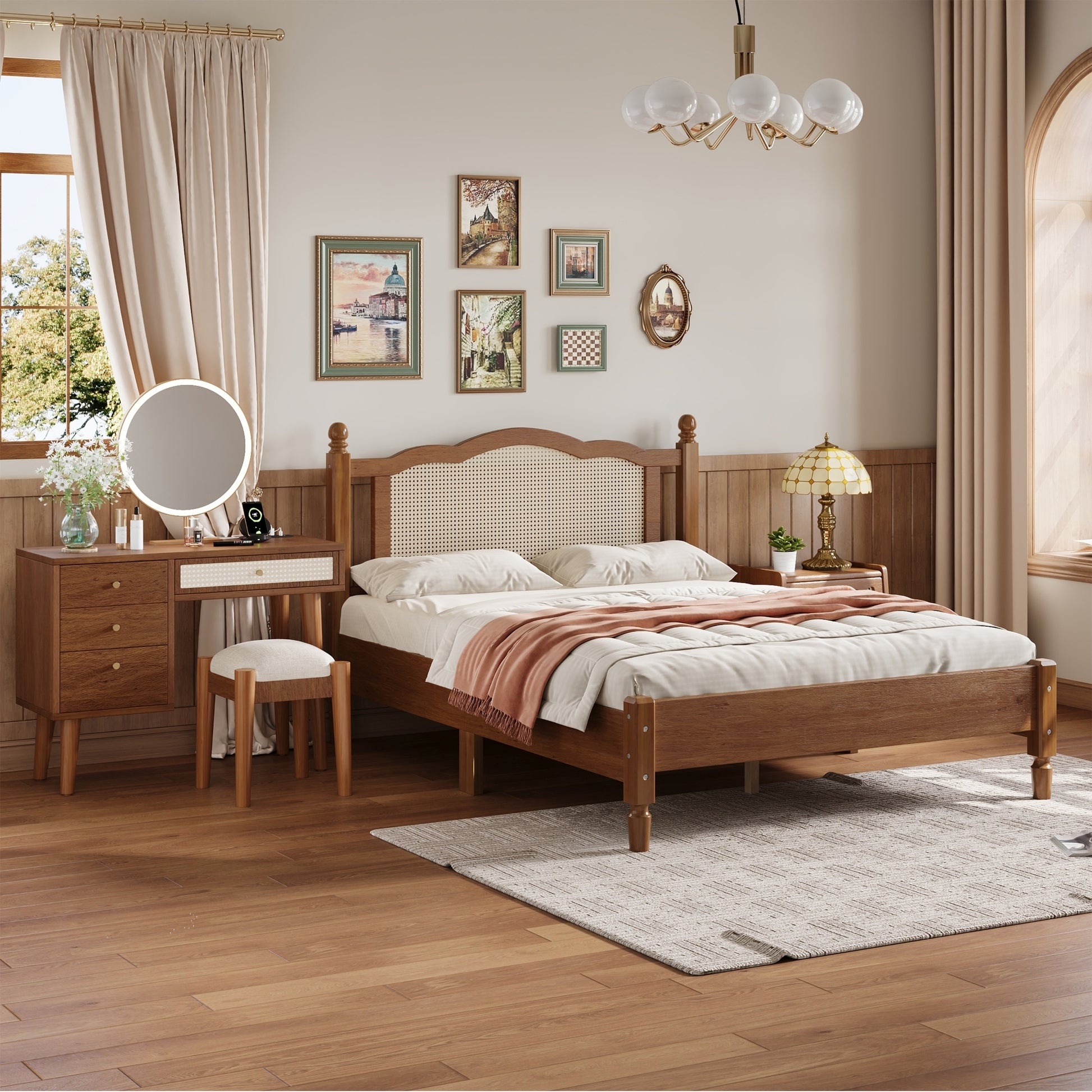 3 Pieces Bedroom Set With Full Size Wooden Bed Frame, 1 Vintage Nightstand And 1 Makeup Vanity Set With Stool,Walnut Expected Arrival Time: 08.23 Full Walnut 3 Piece Set Wood
