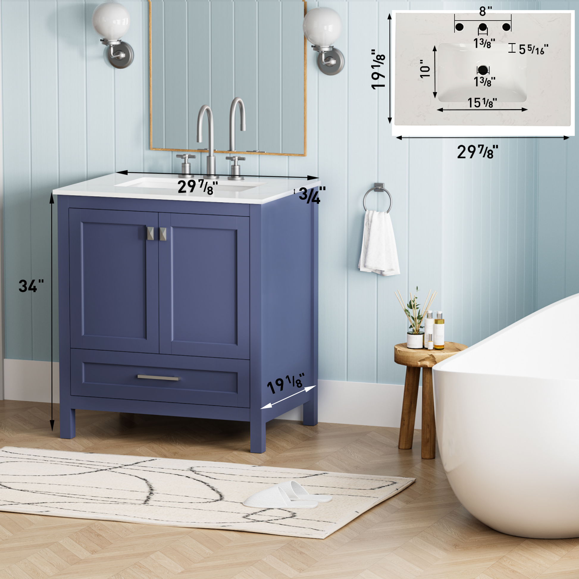 30 Inch Freestanding Bathroom Vanity With Sink, Carrara Engineered Marble Vanity Top With Undermounted Rectangular Ceramic Sink, Large Storage Soft Close Door, Navy Blue 24V03 30Nb Navy Blue Wood