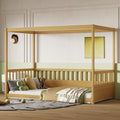 Twin Size Canopy Bed Frame With Guardrails For Kids,Floor Bed Twin With Four Poster Design,Kids Montessori Floor Bed,Wood Canopy Bed Frame For Girls,Boys Twin,Natural Box Spring Required Twin