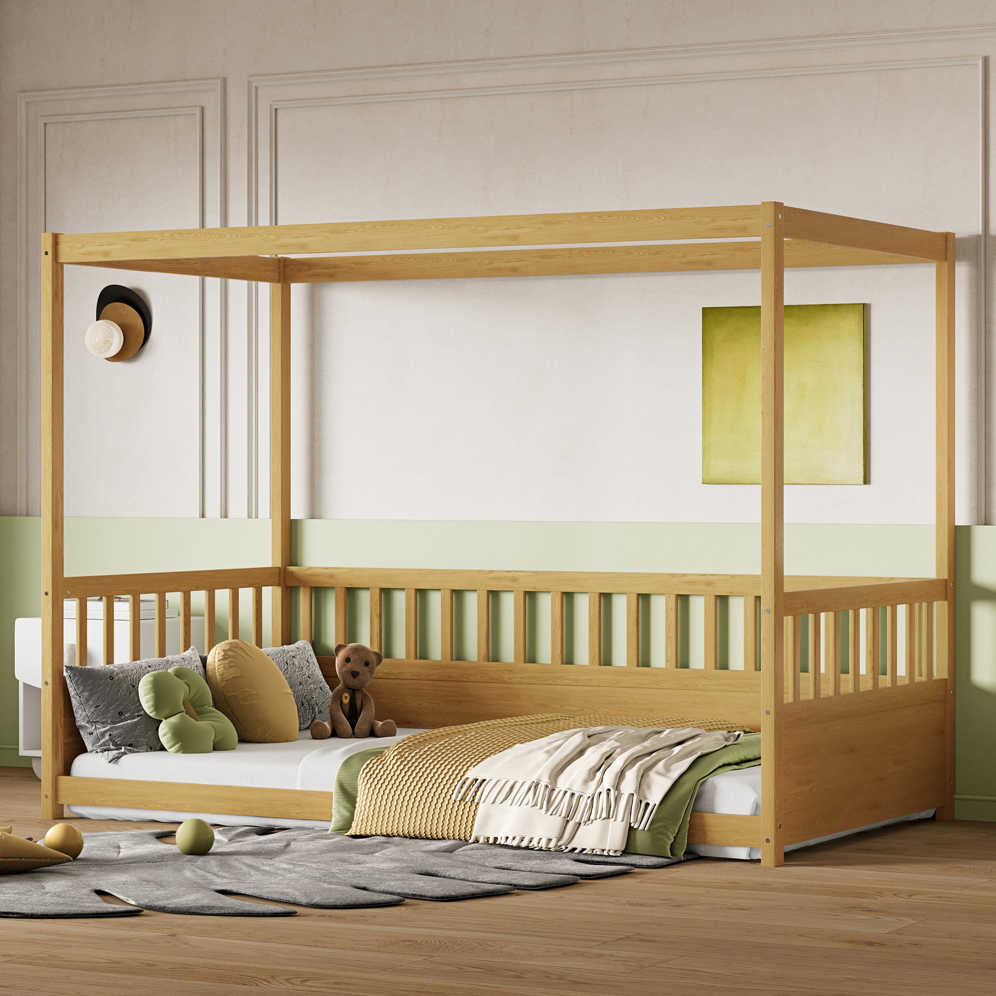 Twin Size Canopy Bed Frame With Guardrails For Kids,Floor Bed Twin With Four Poster Design,Kids Montessori Floor Bed,Wood Canopy Bed Frame For Girls,Boys Twin,Natural Box Spring Required Twin