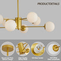 Modern 8 Light Gold Chandelier With White Glass Globe Shades, Mid Century Branching Design, Elegant Ceiling Light Fixture For Dining Room, Living Room, Or Bedroom No Bulbs Golden Glass,Iron