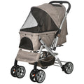 Pawhut Dog Stroller For Small Dogs Cats, 4 Wheels One Click Fold Pet Stroller With Swivel Wheels, Brake, Basket Storage, Safety Belts, Adjustable Canopy, Zippered Mesh Window Door, Brown Brown Steel