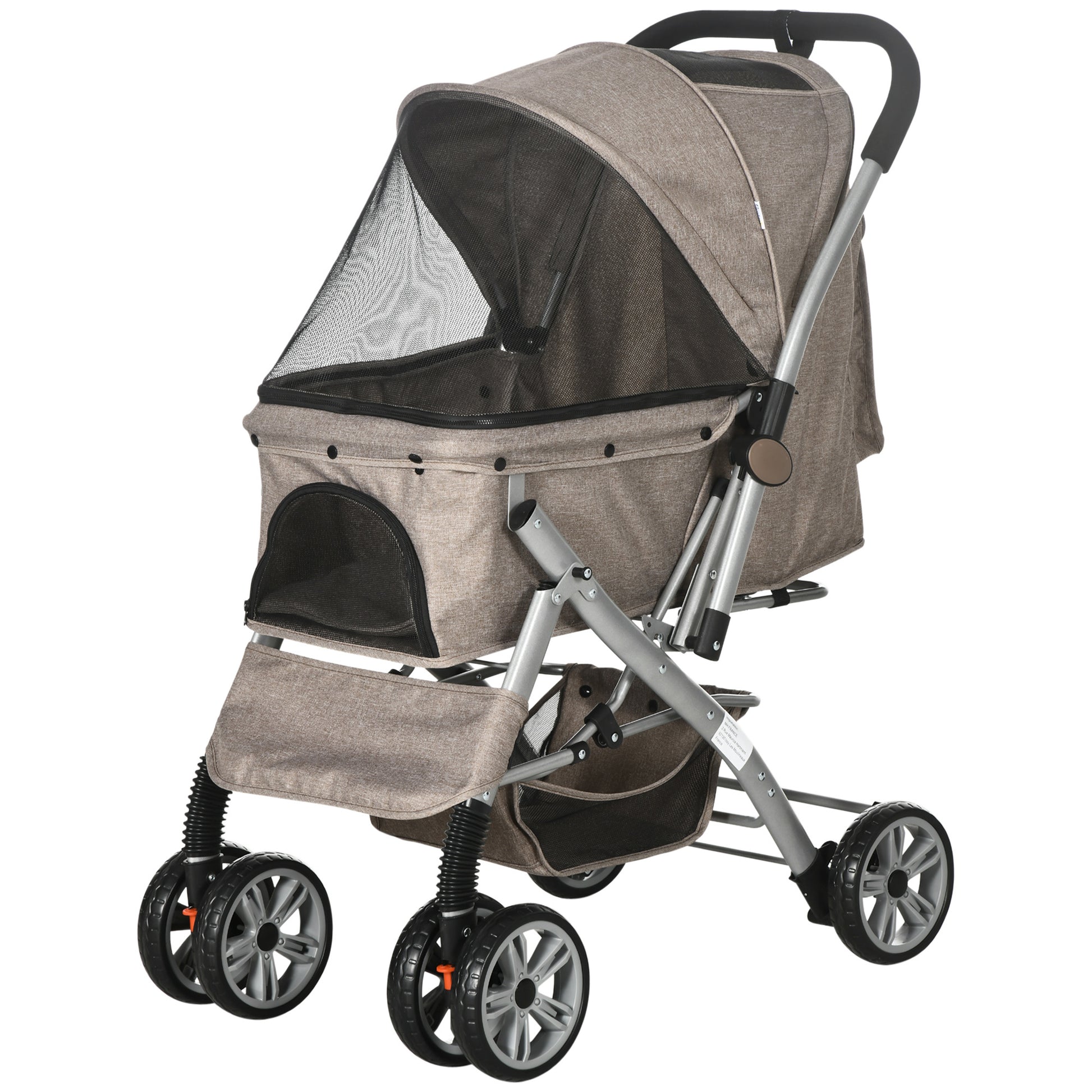 Pawhut Dog Stroller For Small Dogs Cats, 4 Wheels One Click Fold Pet Stroller With Swivel Wheels, Brake, Basket Storage, Safety Belts, Adjustable Canopy, Zippered Mesh Window Door, Brown Brown Steel
