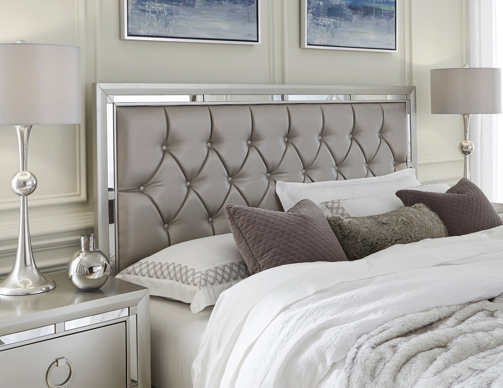 Chloe Gemstone Silver Queen Bed Silver Grey Solid Wood Mdf