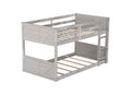 Twin Over Twin Floor Bunk Bed With Panelled Headboard And Footboard, Solid Rubber Wood Foundation With Safety Guardrails, Built In Ladder,Antique White Twin Antique White Rubber Wood