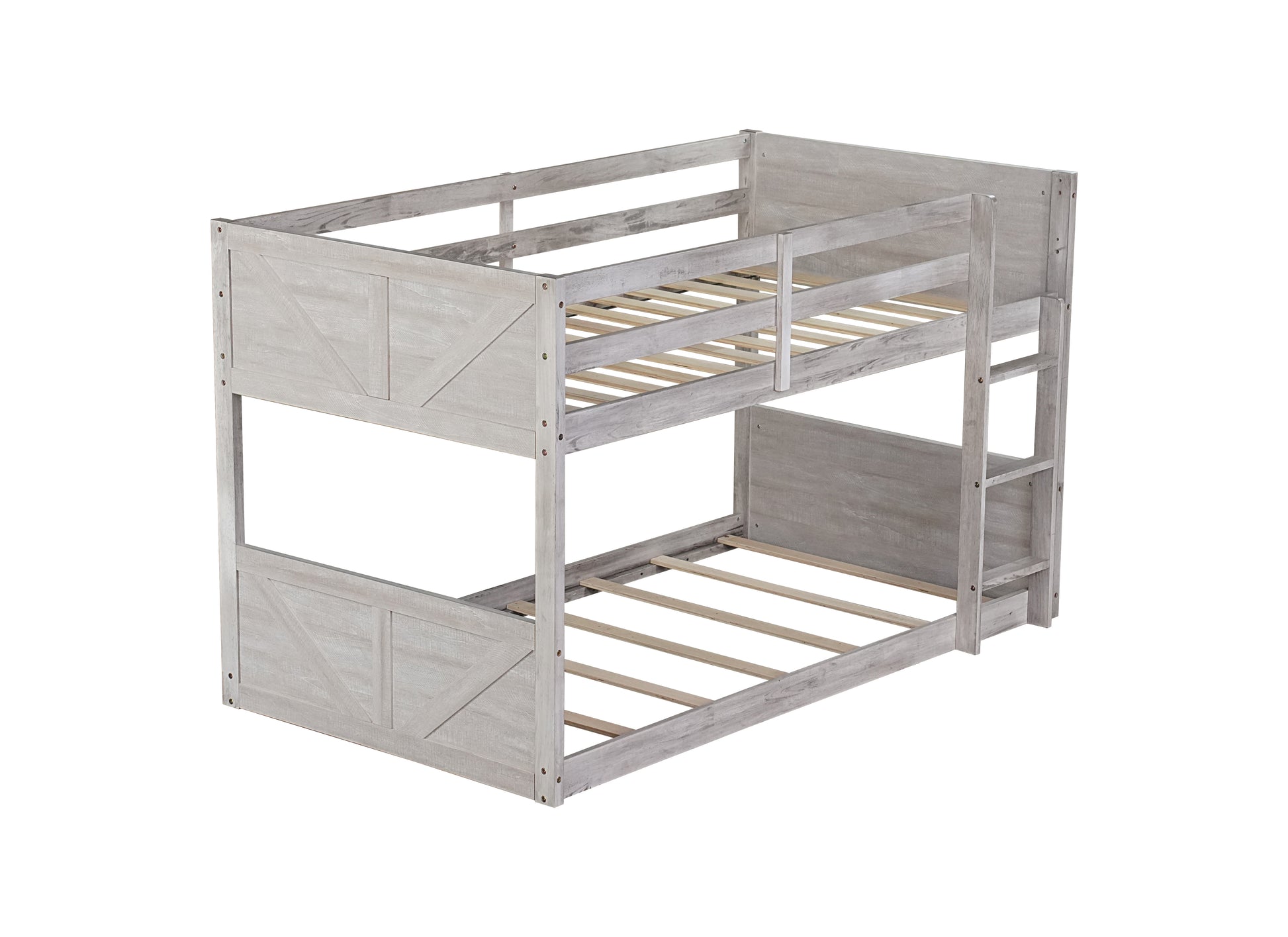 Twin Over Twin Floor Bunk Bed With Panelled Headboard And Footboard, Solid Rubber Wood Foundation With Safety Guardrails, Built In Ladder,Antique White Twin Antique White Rubber Wood