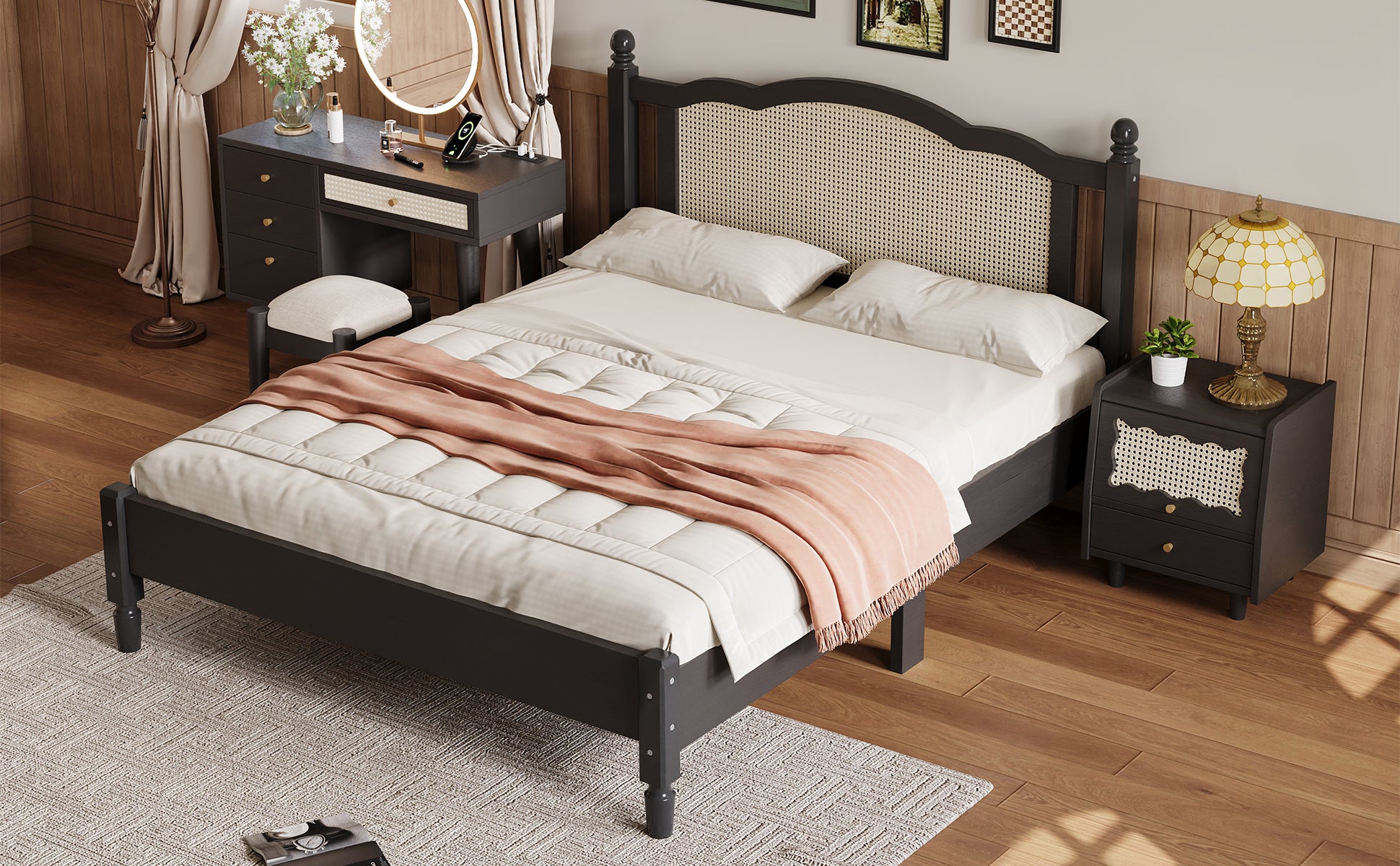 Queen Size Wooden Platform Bed With Natural Rattan Headboard, Vintage Bed Frame With Wooden Slat Support, Black Expected Arrival Time: 08.23 Box Spring Not Required Queen Black Wood
